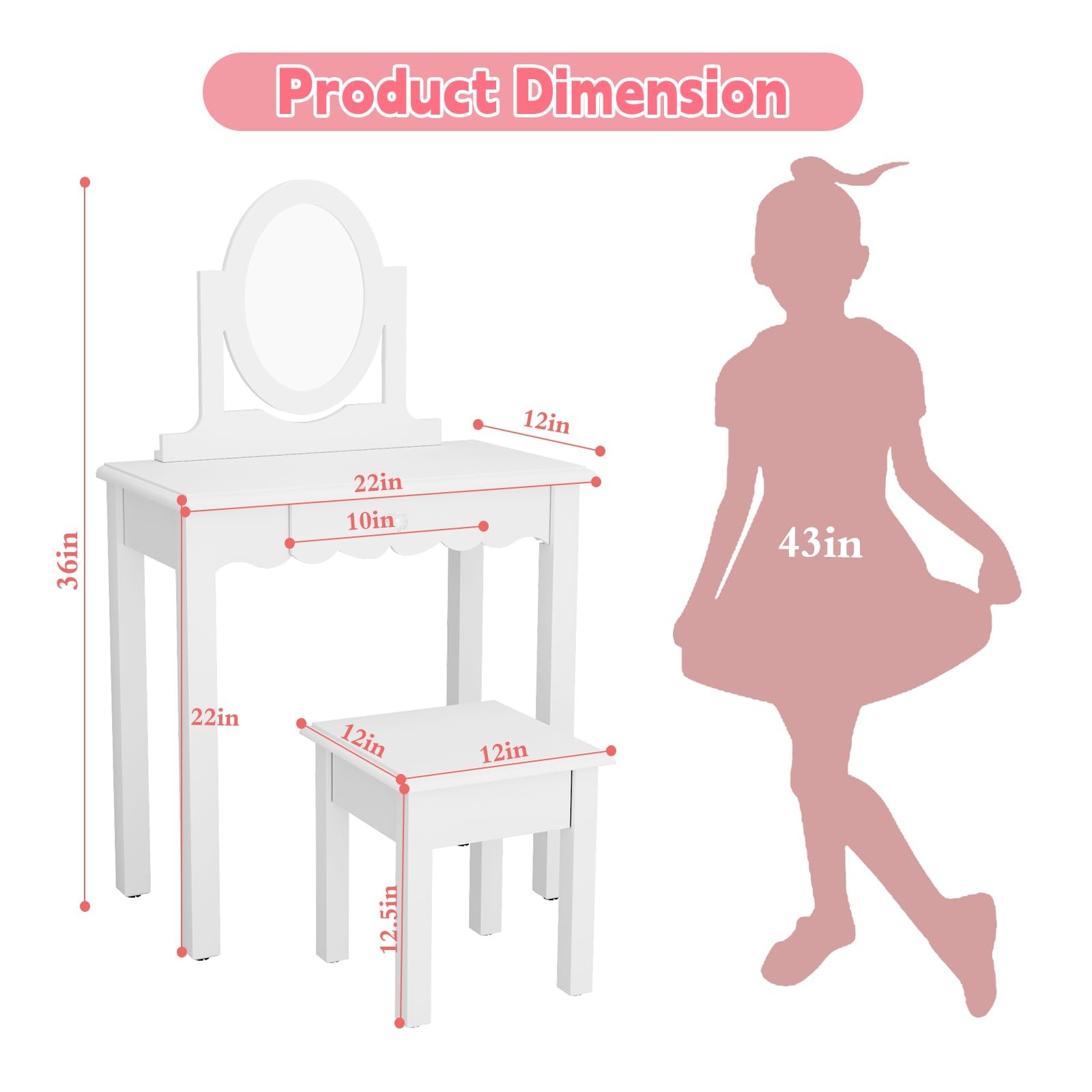 Kids Vanity Set Mirror Stool Wooden Makeup Desk Detachable Top Drawer White