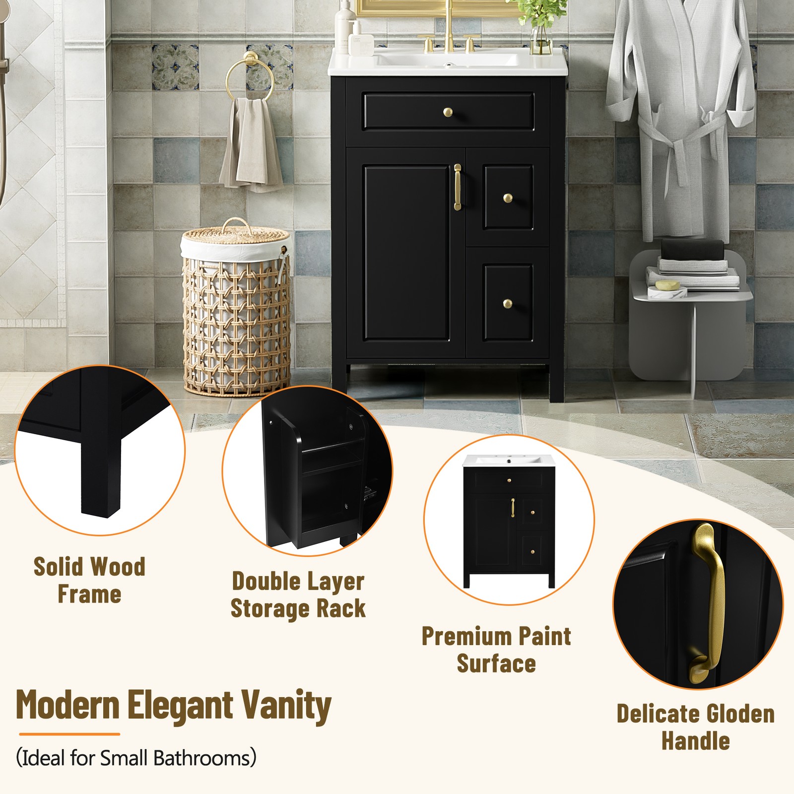 24″ Bathroom Vanity W/ Ceramic Sink 2 Soft-Close Drawers 1 Door Storage Cabinet