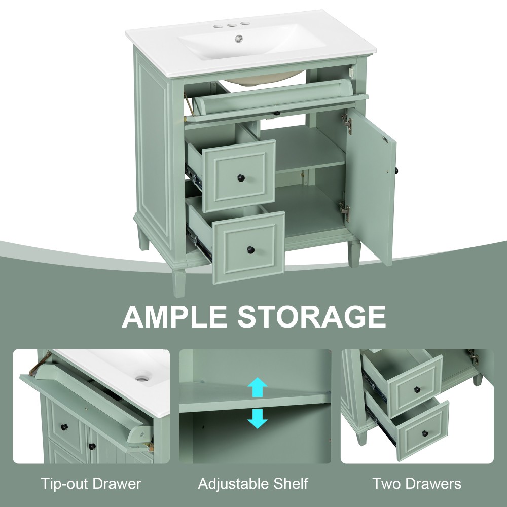 30″ Green Bathroom Vanity with Ceramic Sink Solid Wood MDF Cabinet