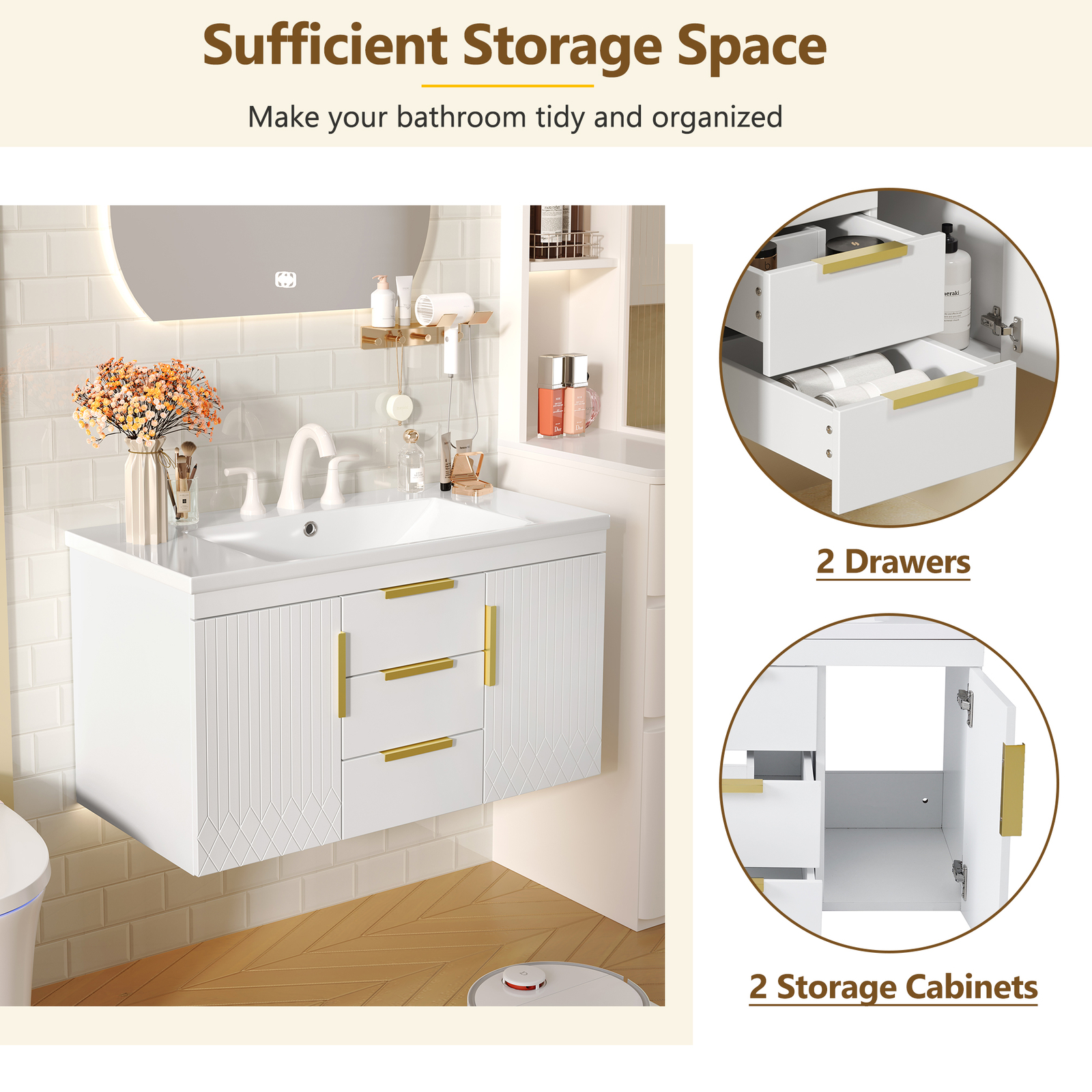 36″ Wall Mounted Bathroom Vanity w/Sink, Floating Vanity Cabinet 2 Drawers Doors
