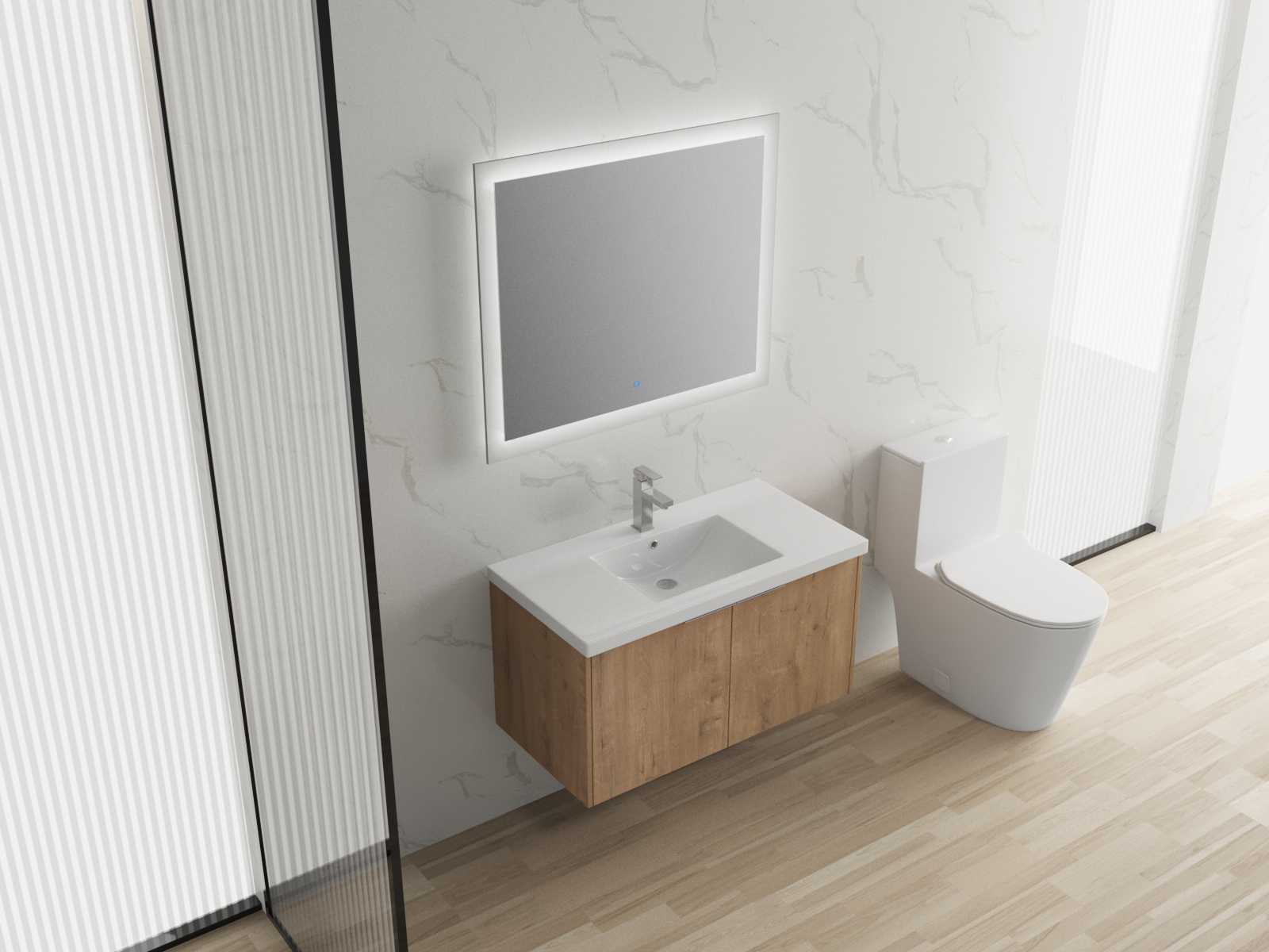 35” Modern Wall Mounted Bathroom Vanity w/ Sink 2 Soft Close Door Imitative Oak