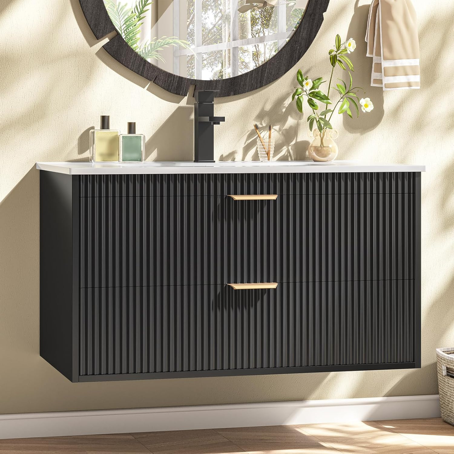 30 Inch Bathroom Vanity with Sink, Wood Grain Wall Mounted Vanity with 2 Storage