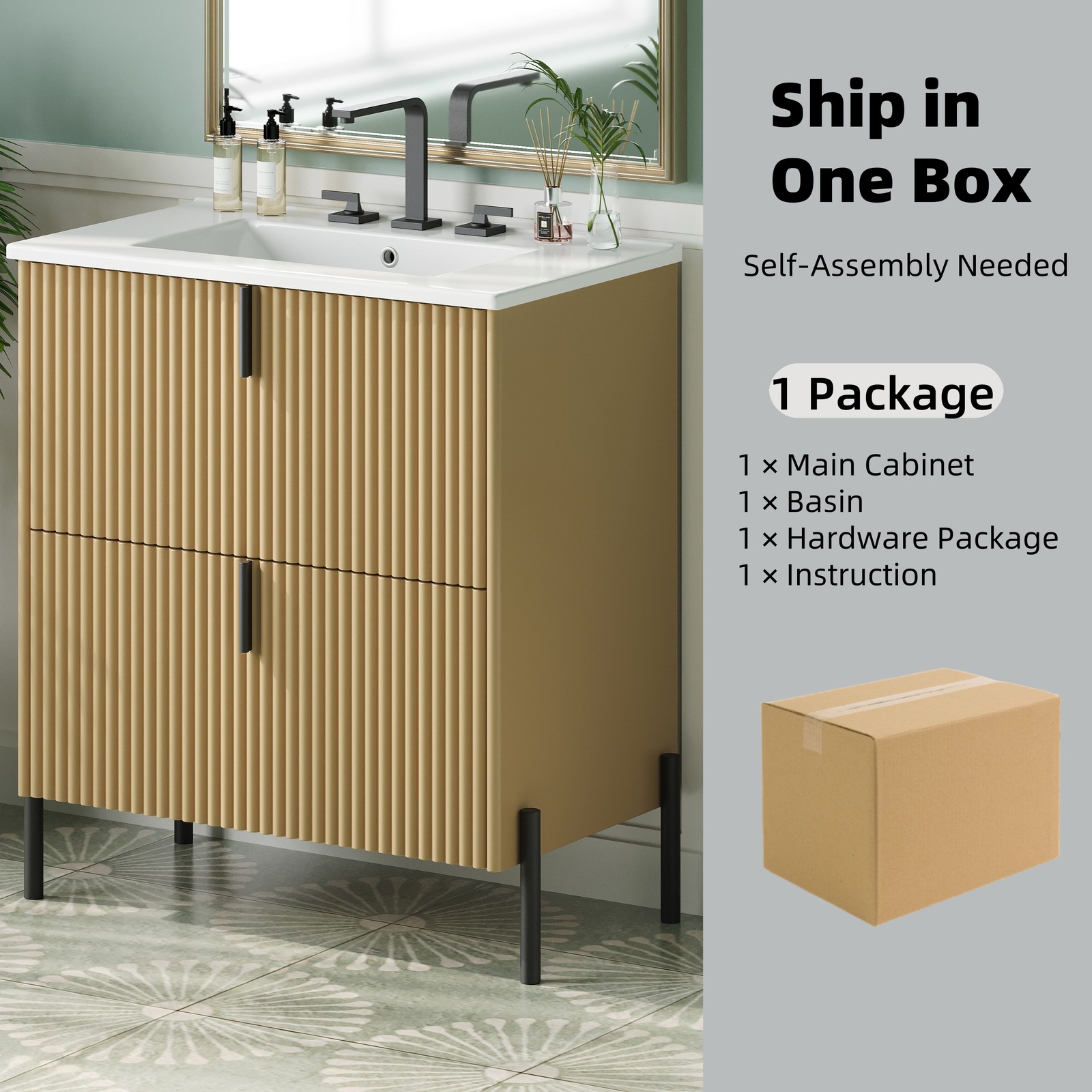 30″ Bathroom Vanity with Ceramic Sink Freestanding Bathroom Vanity w/2 Drawers