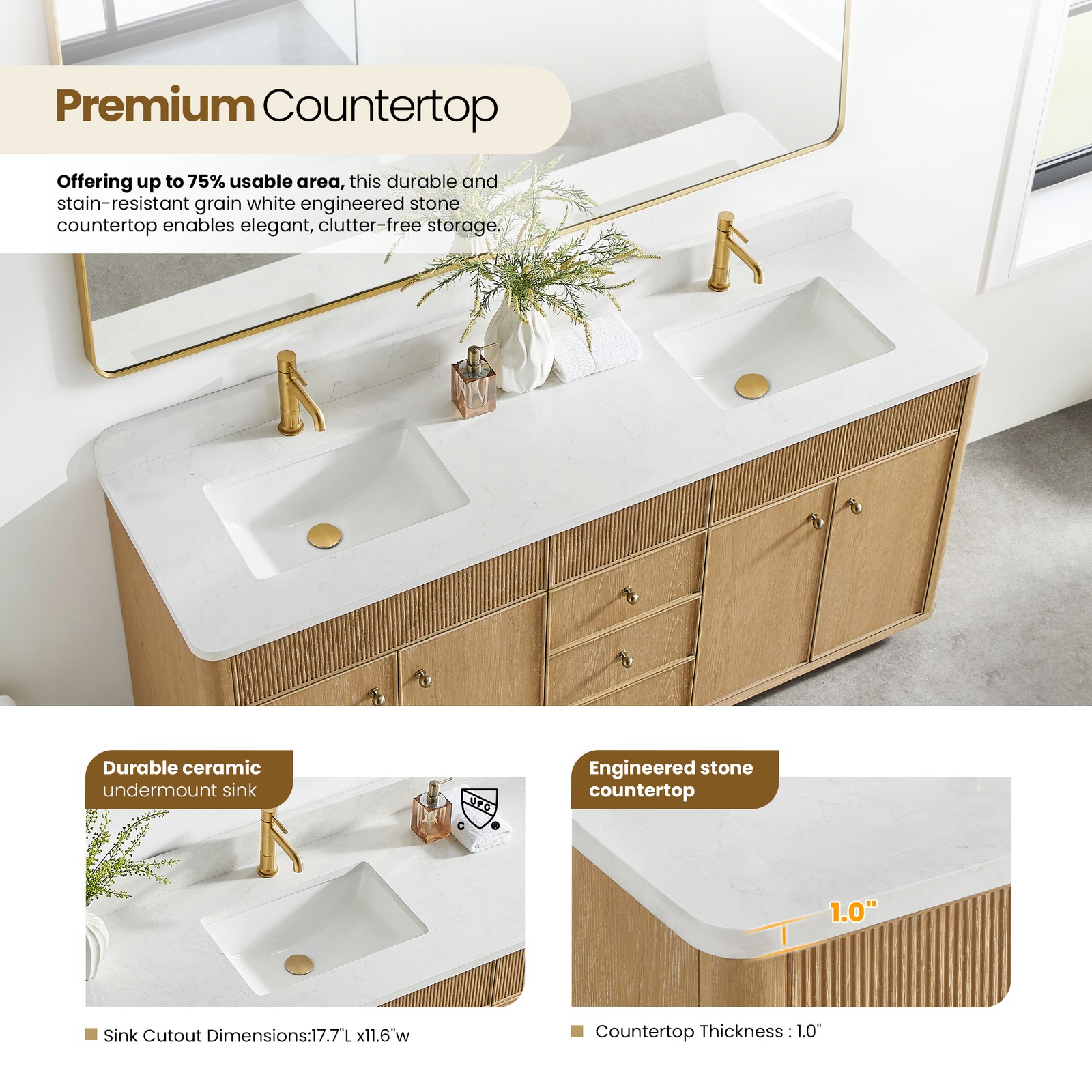 Zogno 72″ Solid Wood Double Bath Vanity in Washed Ash Gray with White Stone Top