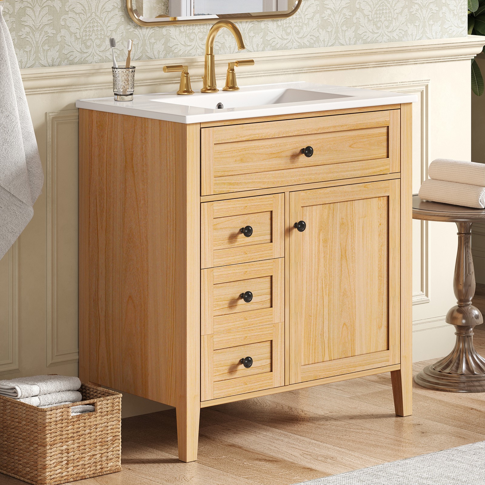 30″ Bathroom Vanity with Sink, 3 Drawers, Freestanding Vanity Storage Cabinet
