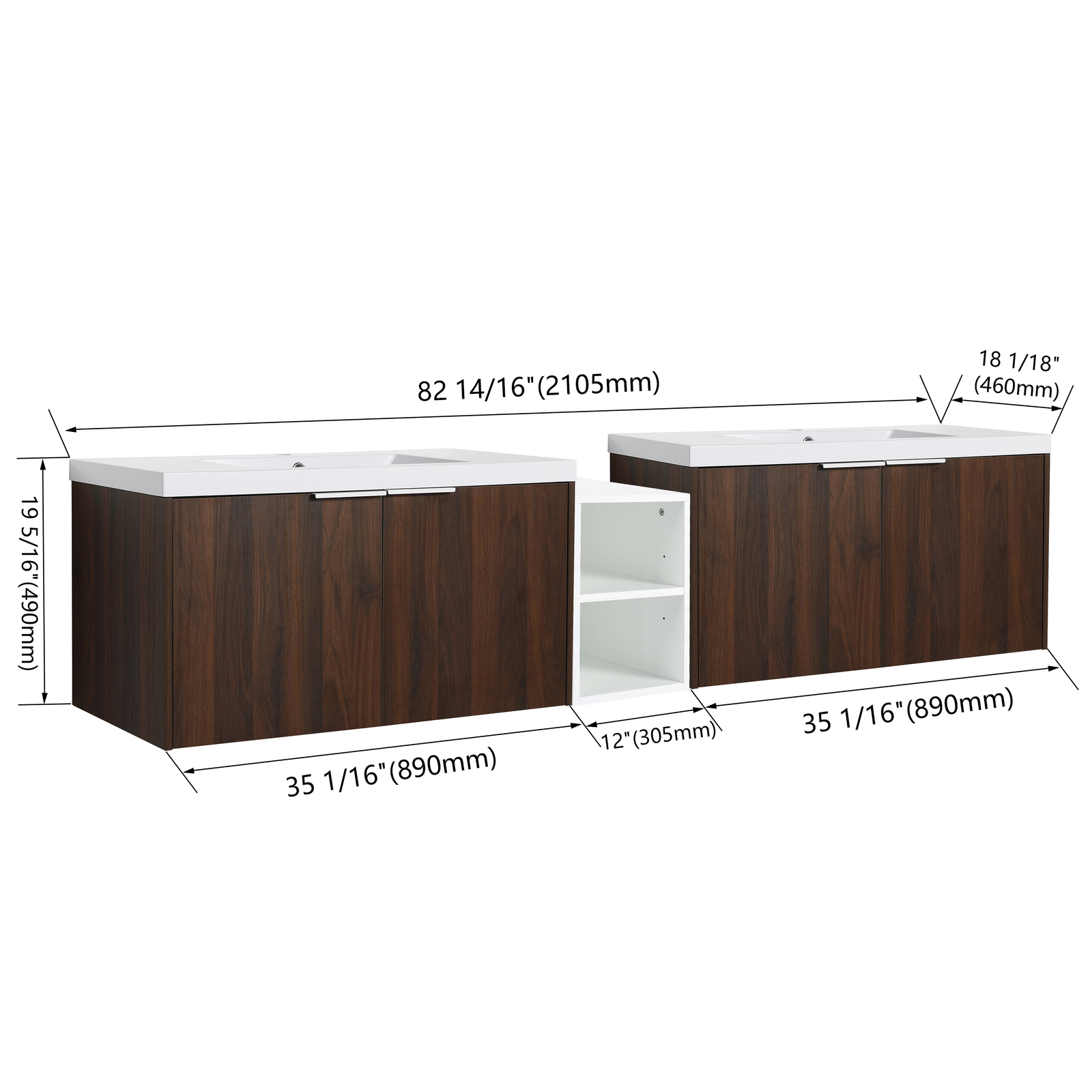 84″ Wall Mounted Bathroom Vanity Sink W/Resin Sink Basin and Small Side Cabinets