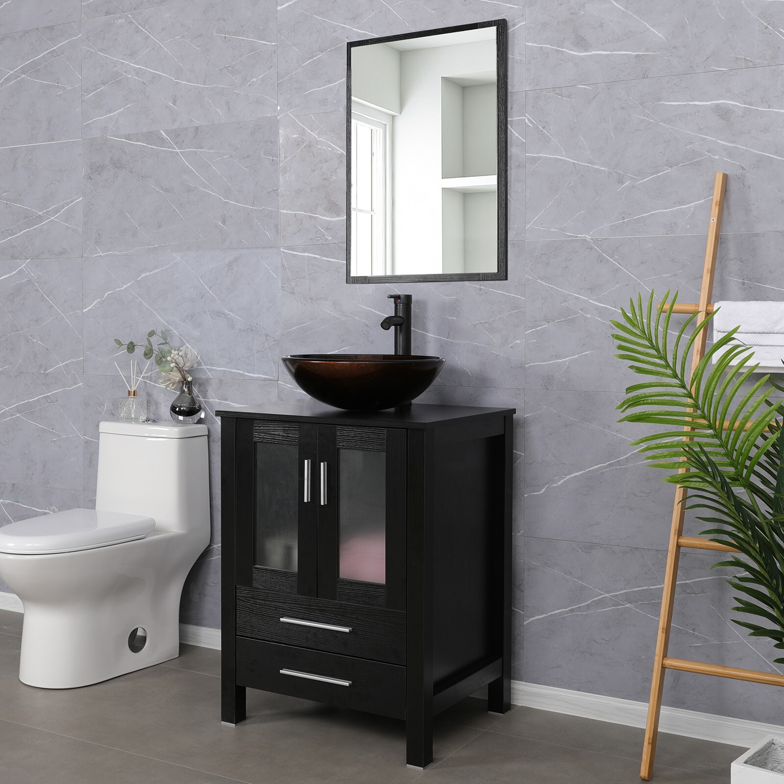 24″ Black Bathroom Vanity Set Round Tempered Glass Vessel Sink No Mirror