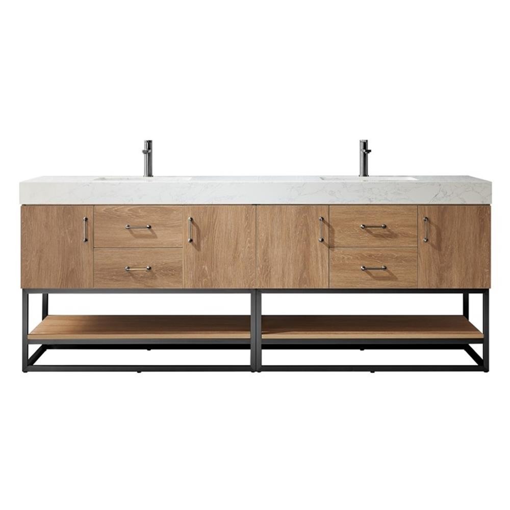 Pemberly Row 84″ White Stone Top Oak Double Vanity Black Frame w/o Mirror