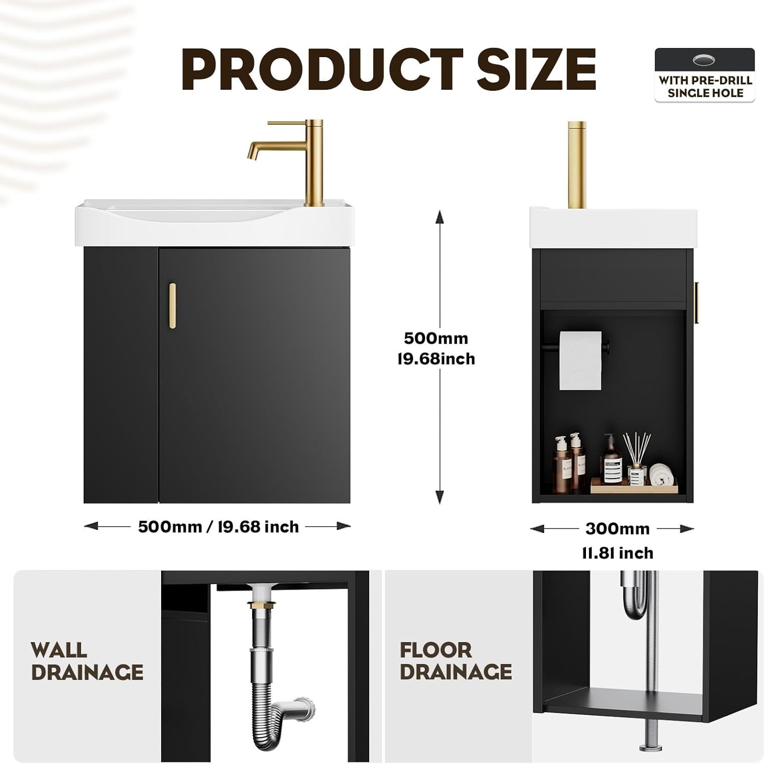 Compact Black Bathroom Vanity 20 Inch Floating Wall Mount Soft Close Door