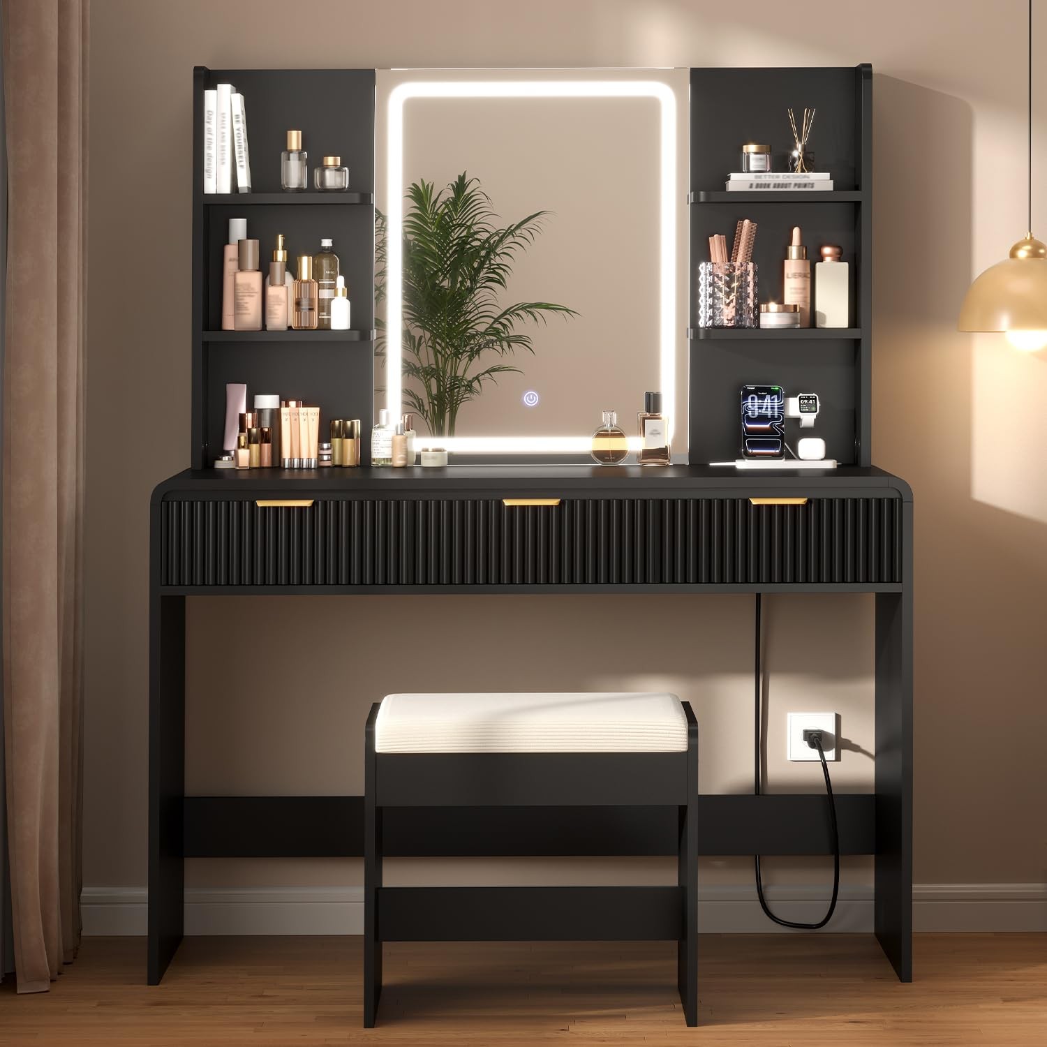 Fluted Vanity Desk with Mirror & Lights, Stool, Power Outlet Black