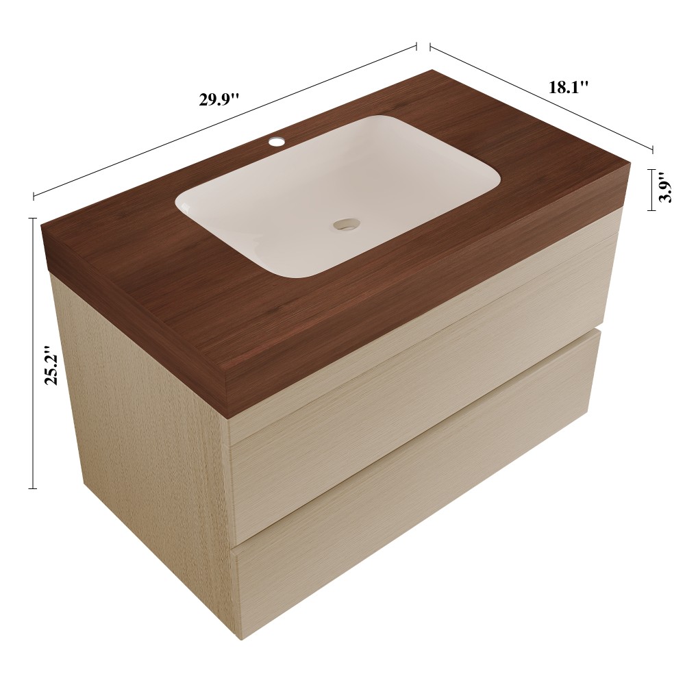 29.9″ Floating Bathroom Vanity with Marble Top & Undermount Sink, Wall-Mounted