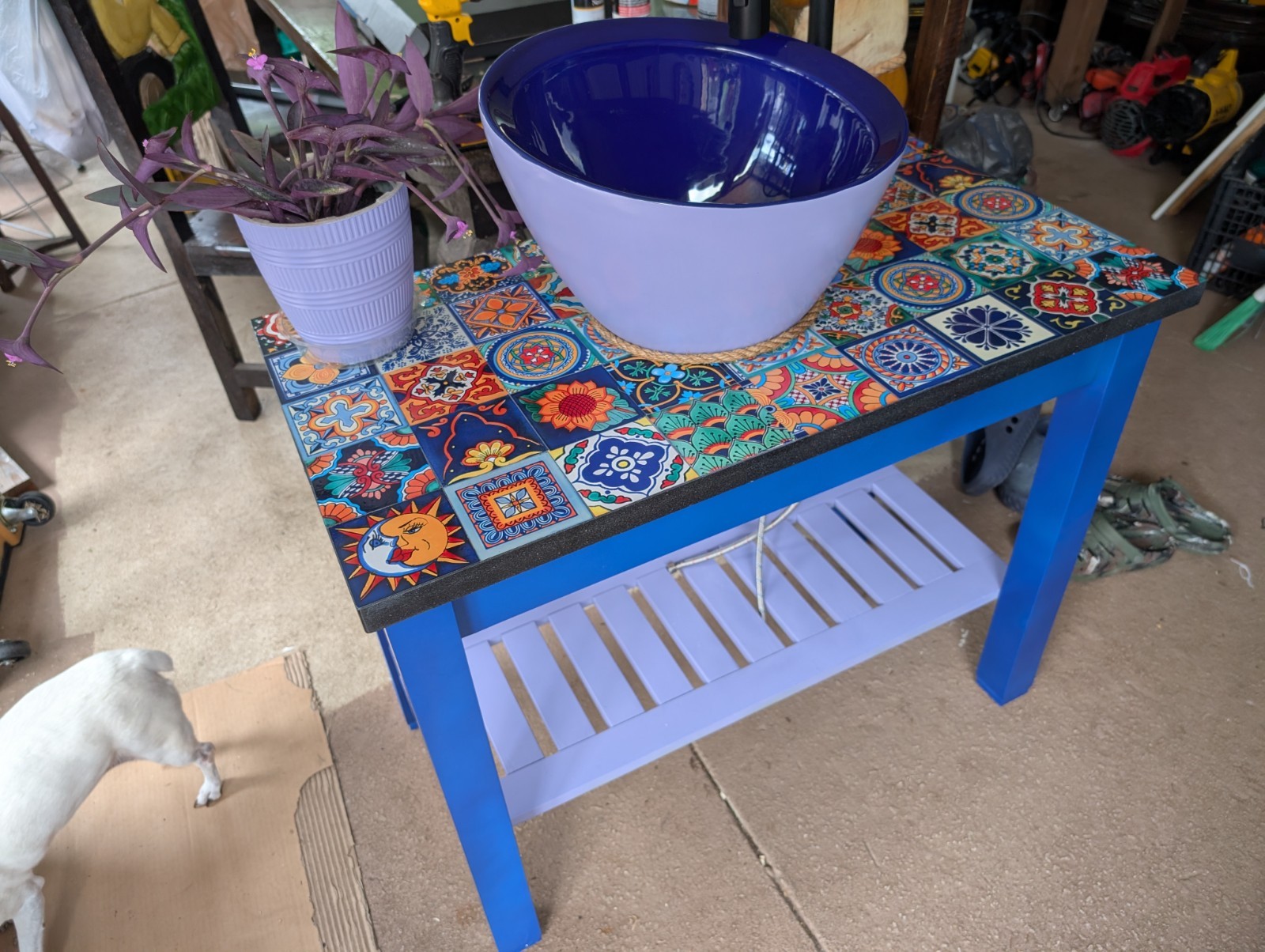 BATHROOM SINK VANITY DEEP BLUE FRENCH LILAC GRANITE TOP WITH MEXICAN TILE DECAL