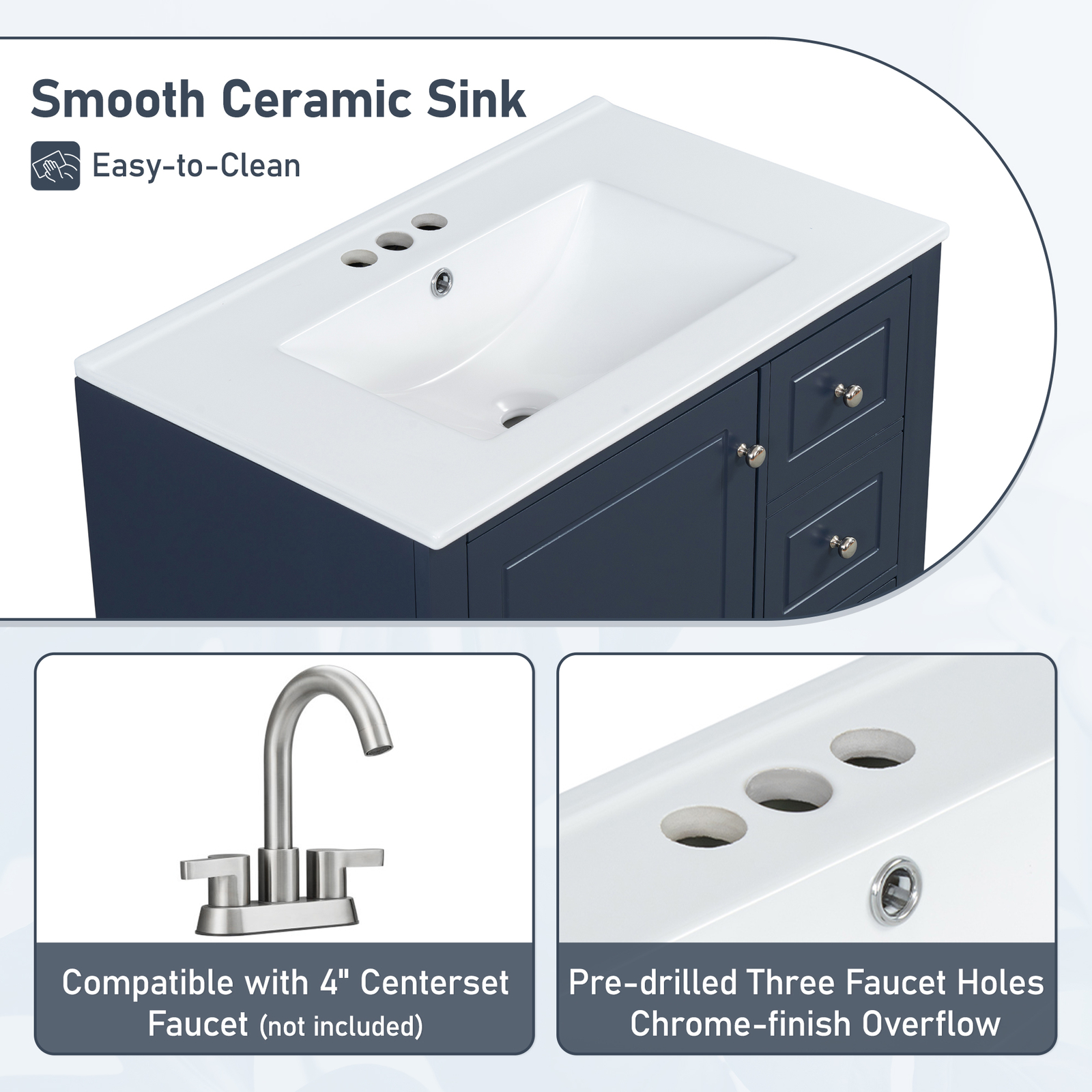 30″ Bathroom Vanity w/Ceramic Sink Freestanding Solid Wood Storage Cabinet Shelf