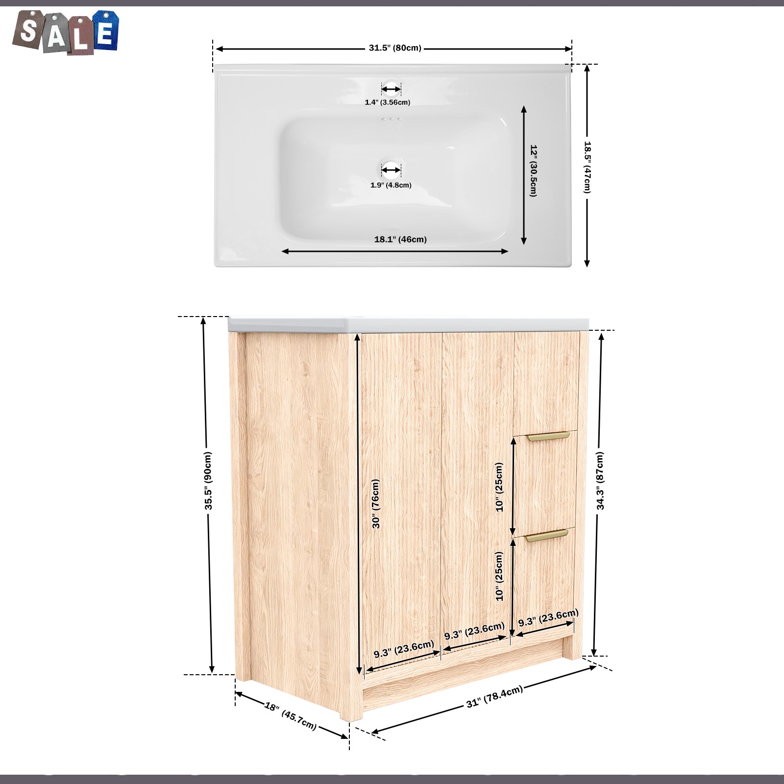 31 Inch Vanity Wood Bathroom Vanity Cabinet W/ Countertop Ceramic Sinkl