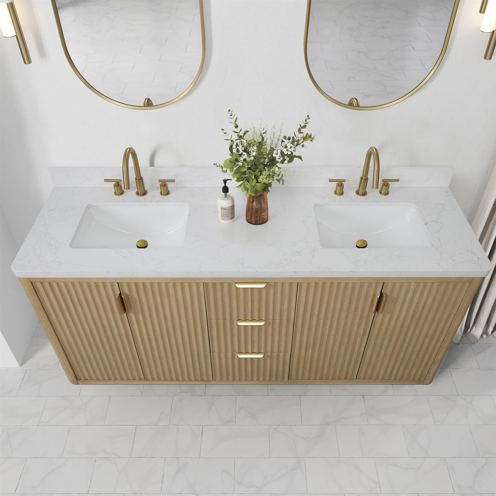 Cadiz 72″ Double Bathroom Vanity in Washed Ash Grey w/Lightning White top&Mirror