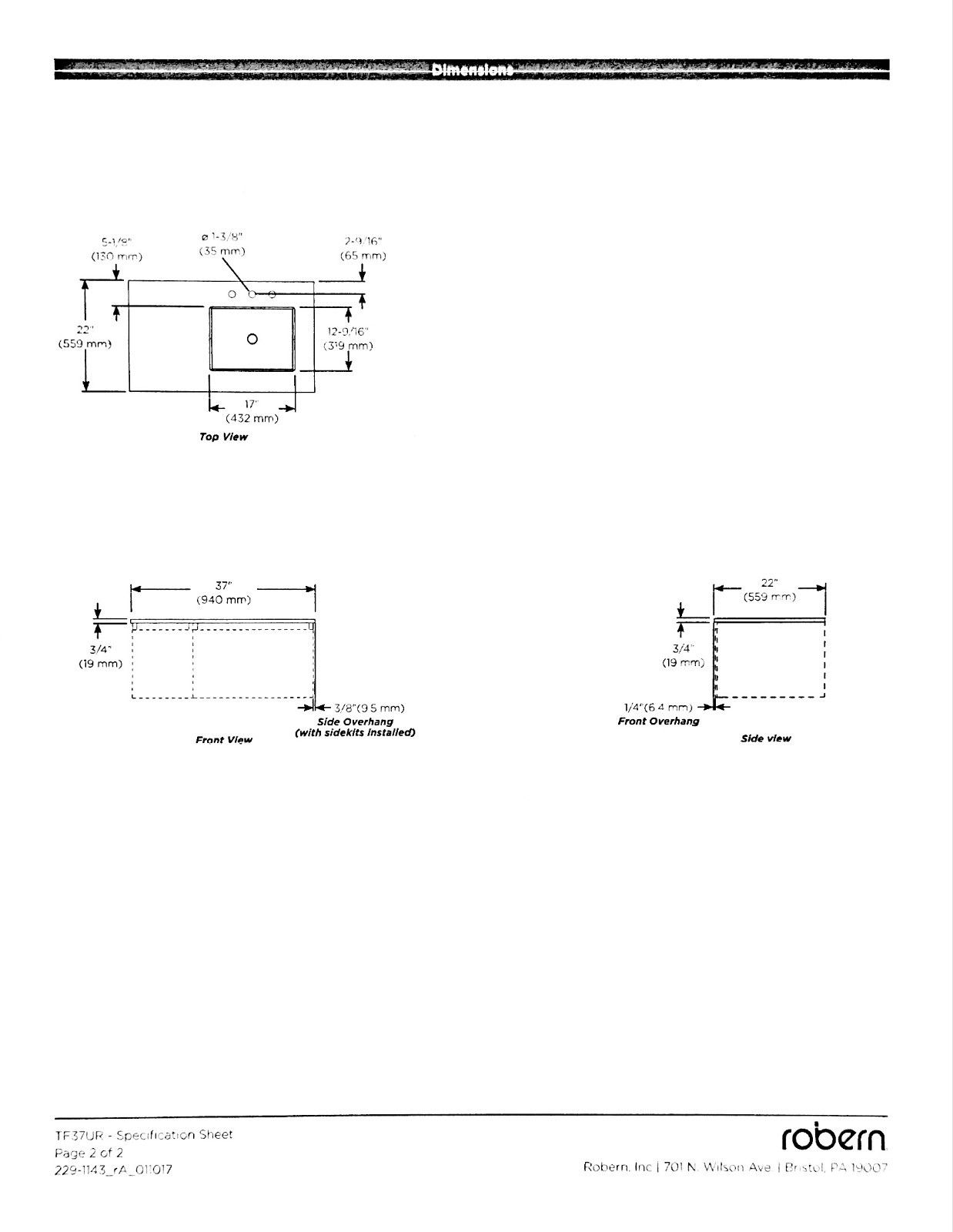 Robern TF37UR091-8 – 37″ Silestone GRAY Quartz Stone Bathroom Top w/ U/M Sink