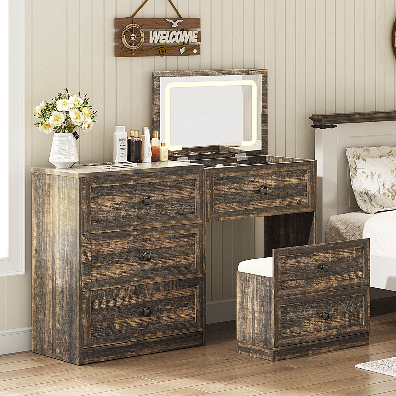 3-in-1 Vanity Desk Mirror Lights Charging Station Drawers Lock Stool