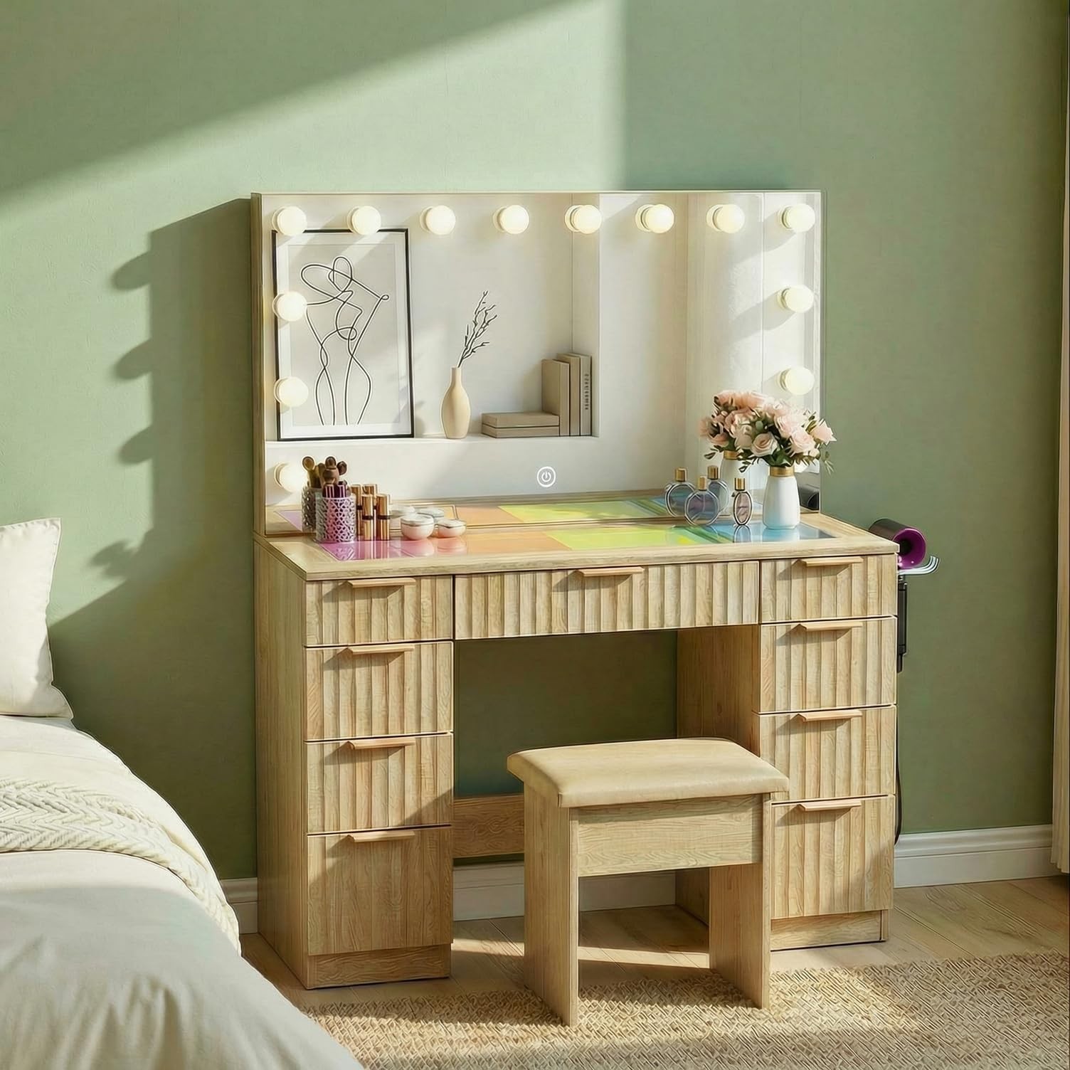 43 Oak Makeup Vanity LED Mirror 3 Color Dimmable Glass Top RGB Drawers