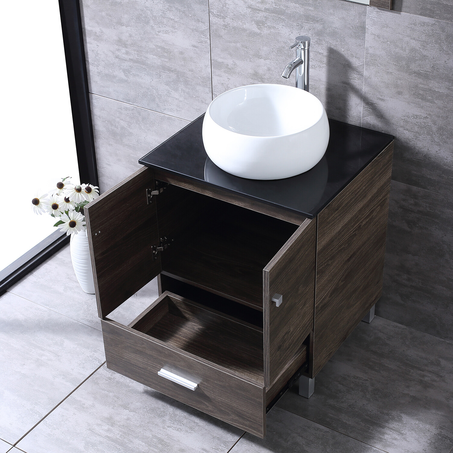 24″Bathroom Vanity Wood Cabinet White Ceramic Sink Bowl Basin Brown Mirror Combo