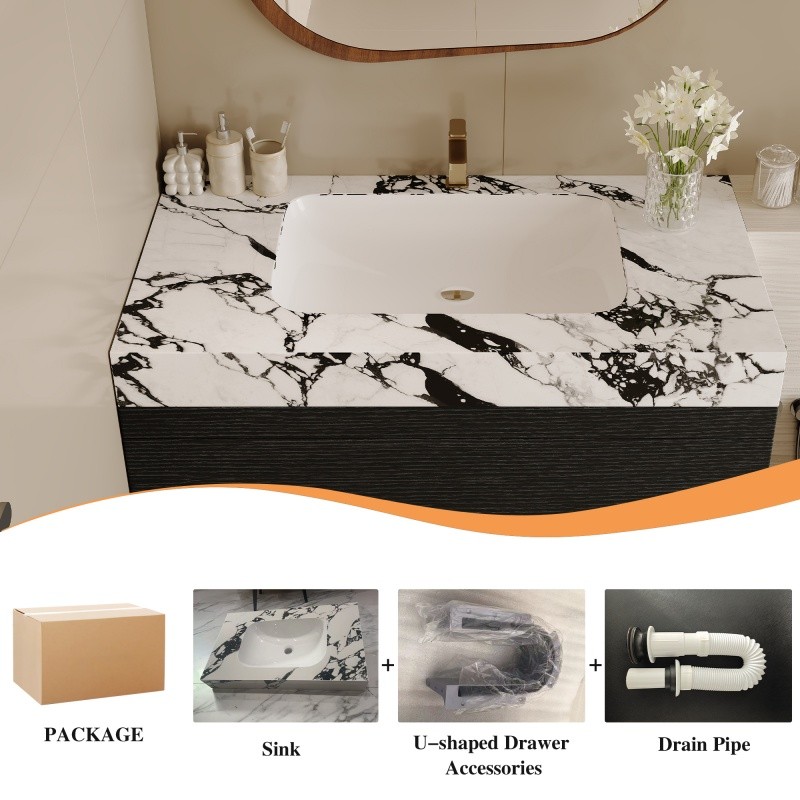 29.9″ Modern Floating Bathroom Vanity with Faux Marble Top and Ceramic Sink