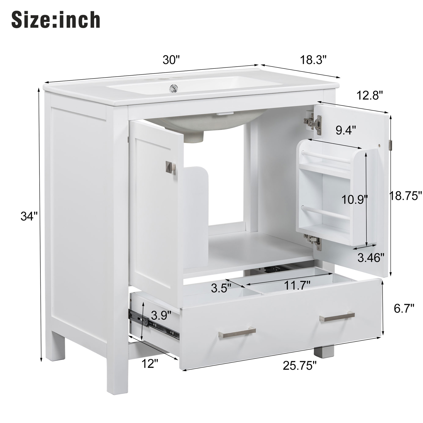 30″ Bathroom Vanity w/White Resin Basin Sink Top with 2 Doors and Big Drawer