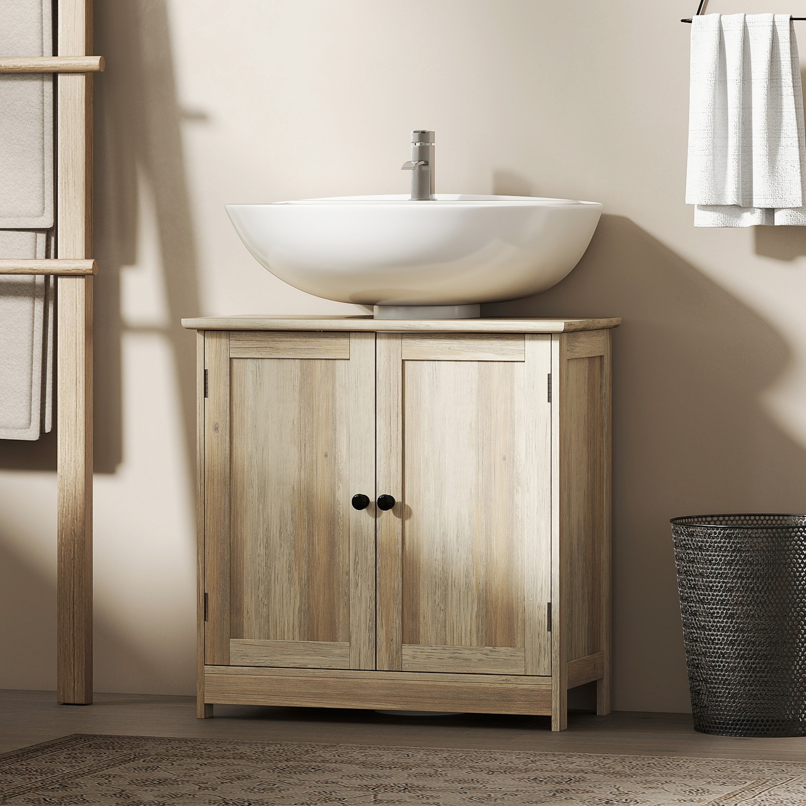 Under Sink Bathroom Cabinet with 2 Doors and Shelf, Gray Oak