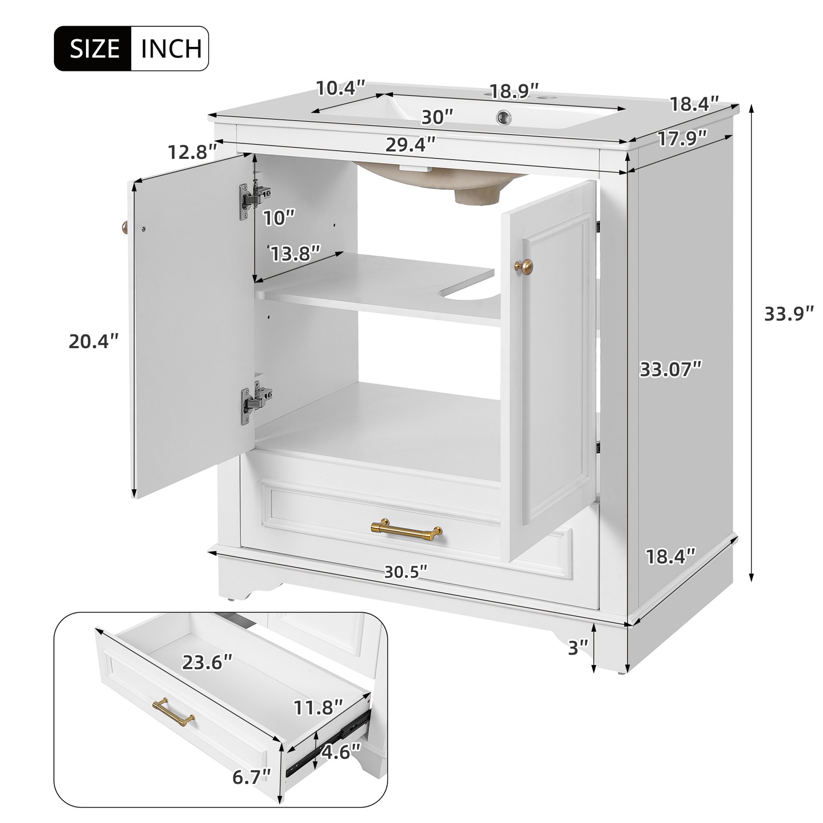 30″ Luxurious Bathroom Vanity w/Ceramic Sink, Solid Wood Frame Storage Cabinet