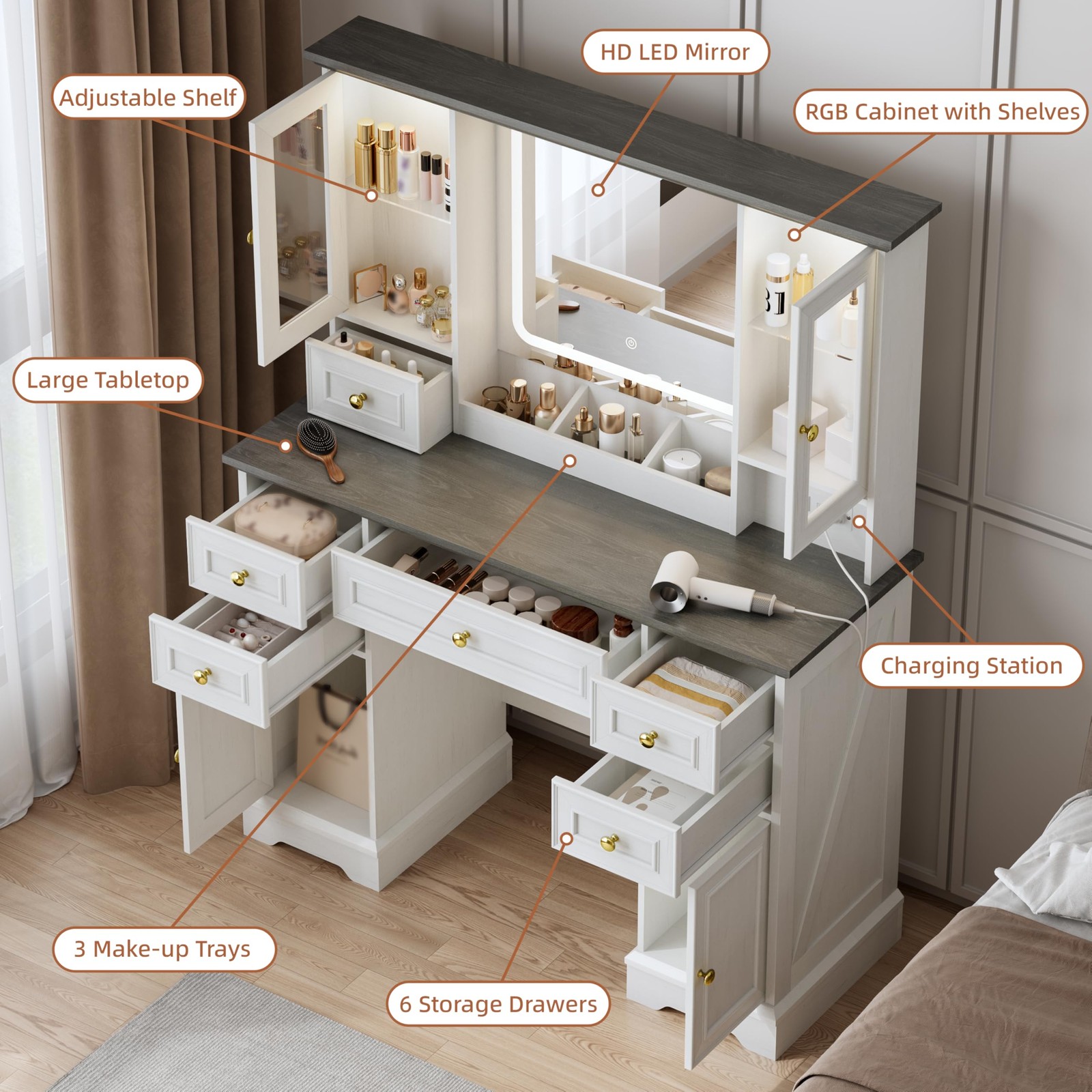 Farmhouse Vanity Desk with Mirror Lights Power Outlet USB 6 Drawers 4 Cabinets
