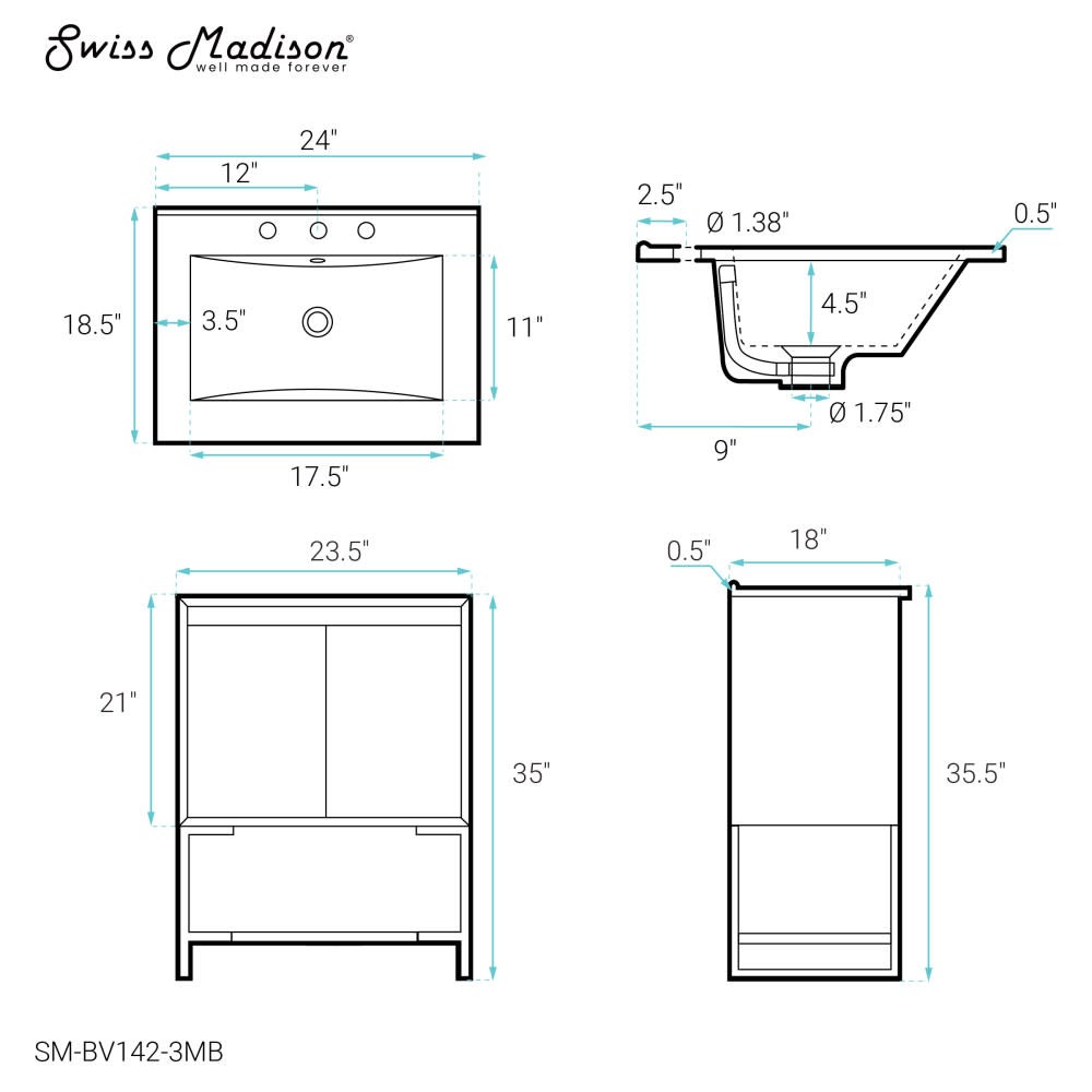 Swiss Madison SM-BV142-3MB Marseille 24″ – Gray Oak / Matte Black