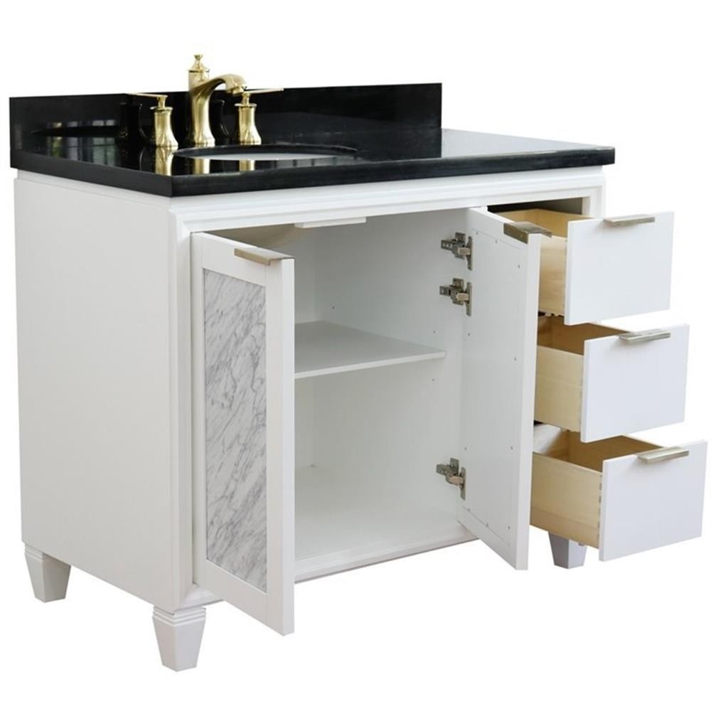 Pemberly Row 43″ Solid Wood Vanity with Left Oval Sink in White/Black Galaxy