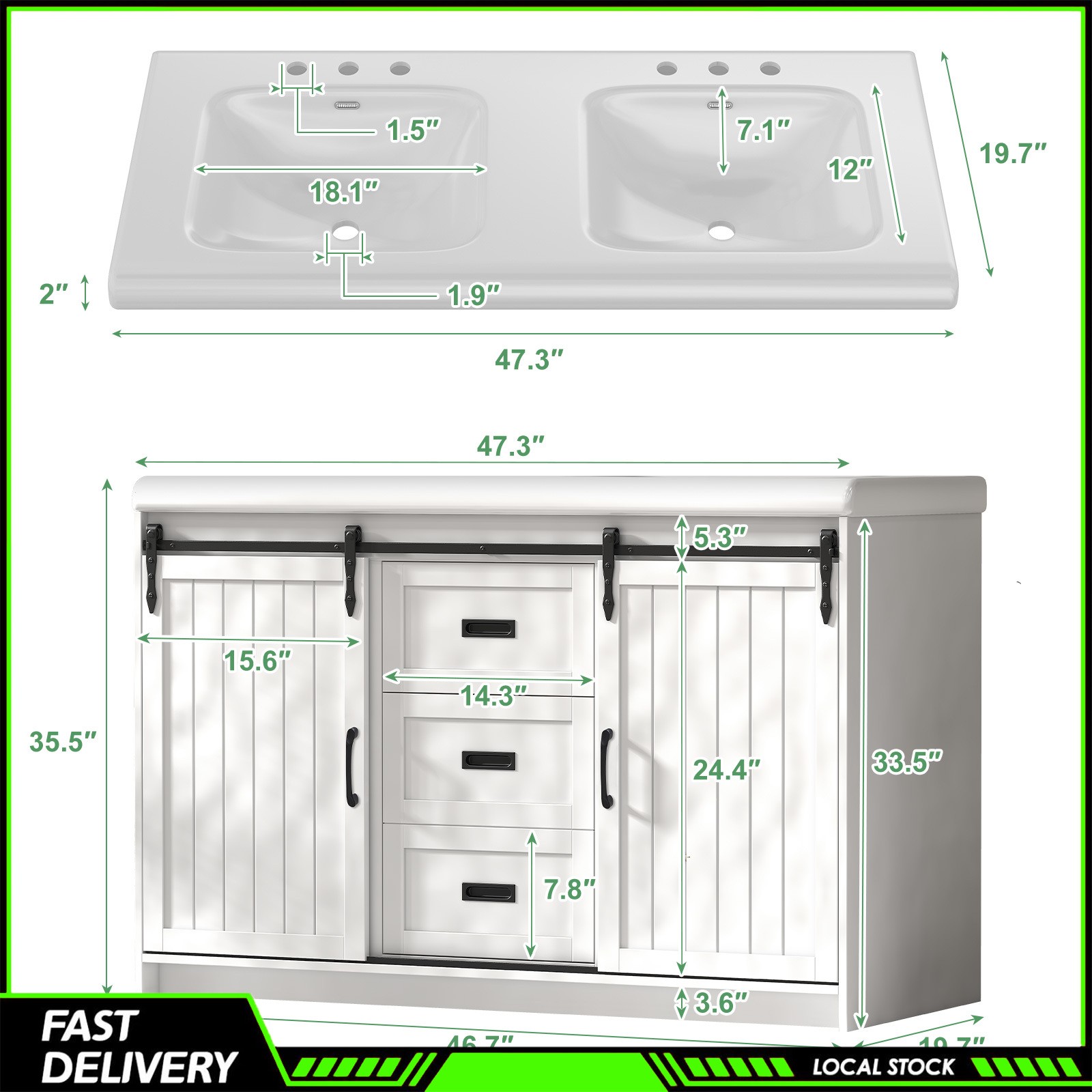 47″ Freestanding Bathroom Vanity w/ Double Ceramic Sink &2 Drawers Storage Space