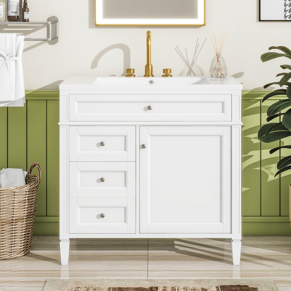 36 Inch Single Sink Bathroom Vanity Gloss Ceramic Top Storage Drawers