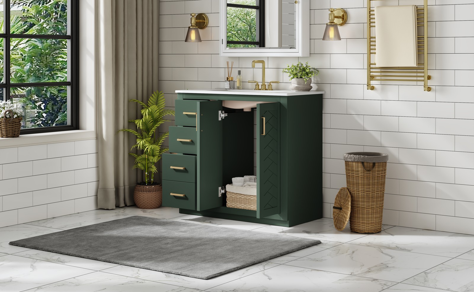 36″ Bathroom Vanity with Ceramic Sink, Solid Wood Frame, 3 Drawers