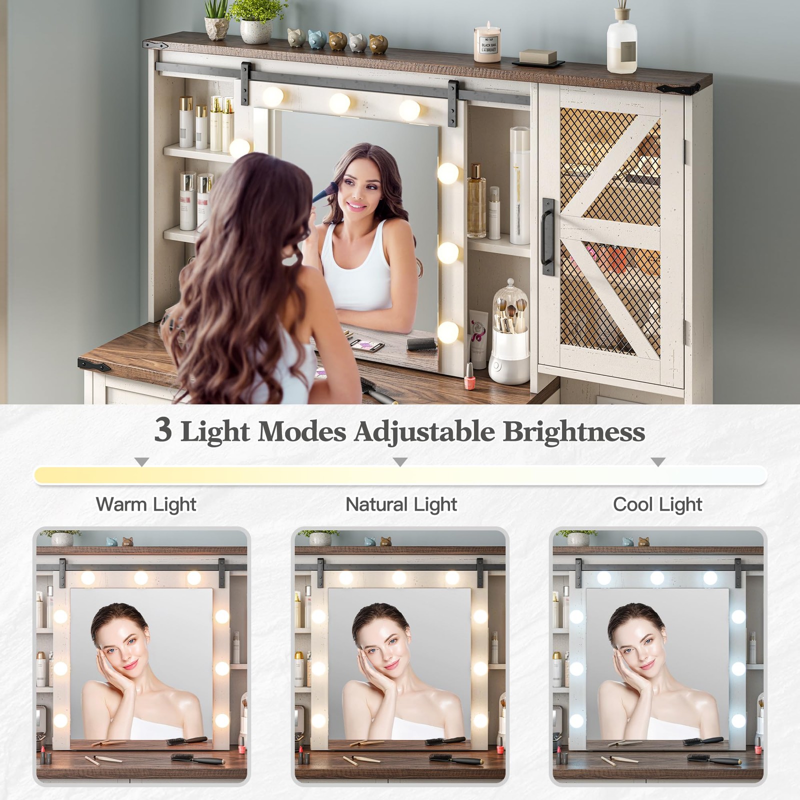 Makeup Vanity Desk Sliding Mirror Lights Antique White 4 Drawers RGB Cabinets