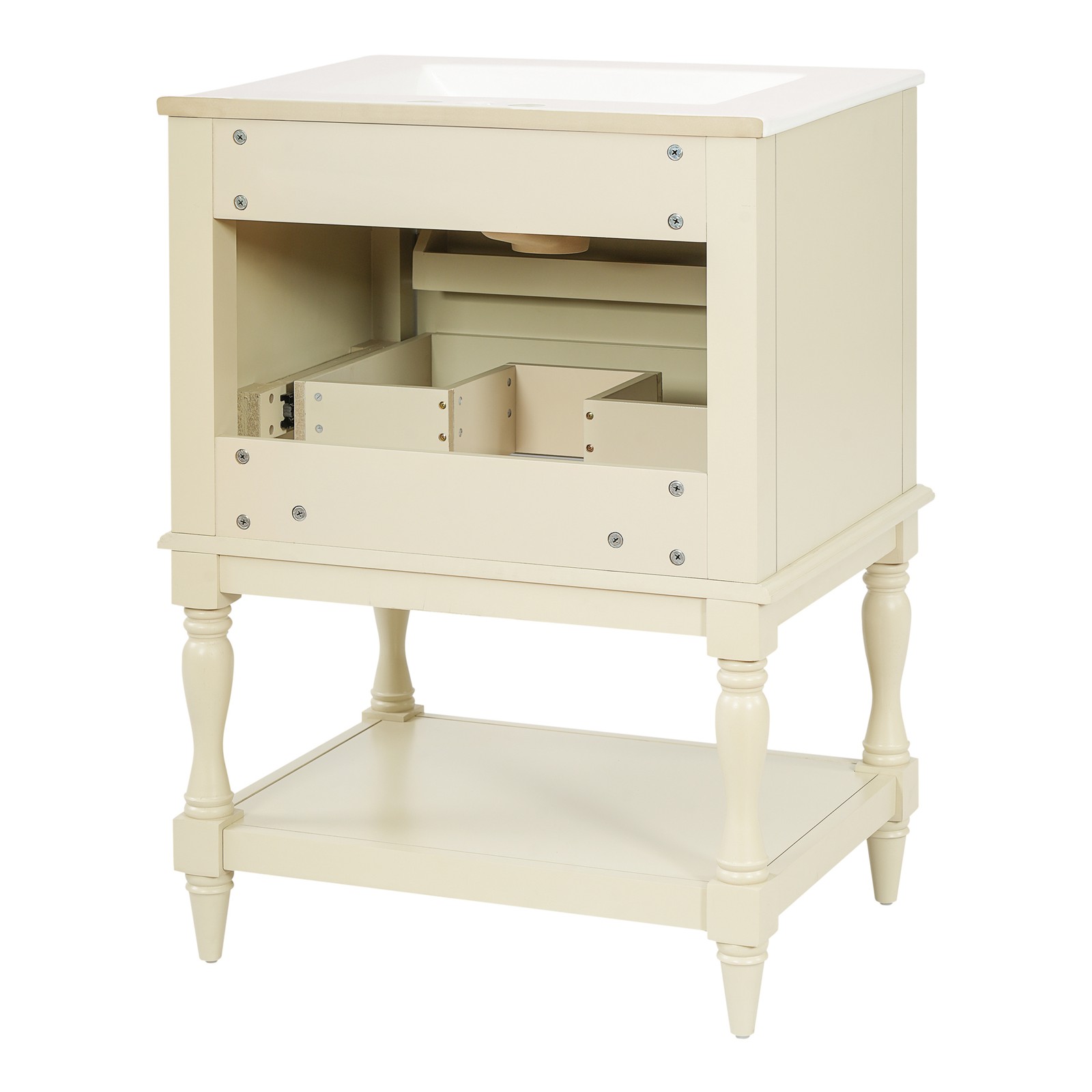 FUNIDEE 24″ Bathroom Vanity with Ceramic Sink Storage Cabinet w/ 2 Drawers Beige