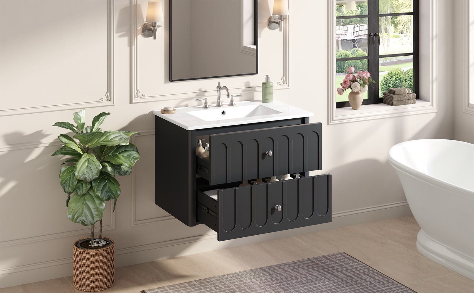 30″ Modern Bathroom Cabinet Floating Bathroom Vanity w/Oval Knobs & Round Edge