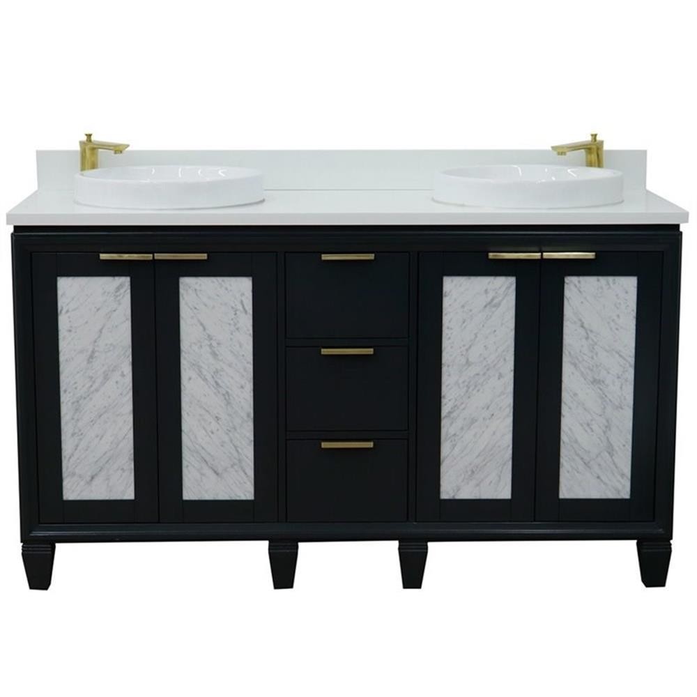 Pemberly Row 61″ Double Round Sink Vanity in Dark Gray/White Quartz Stone
