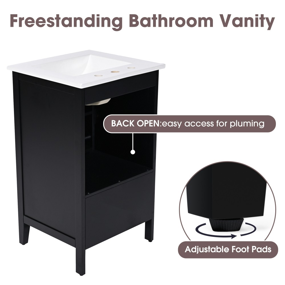 20″ Black Bathroom Vanity with Ceramic Sink Solid Wood MDF Cabinet