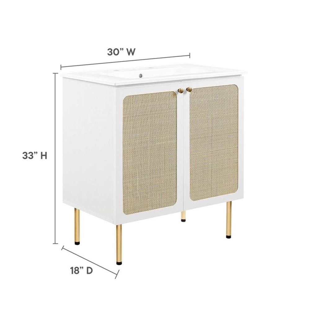 Pemberly Row 30″ Wood & Rattan Bathroom Vanity with Adjustable Shelf in White