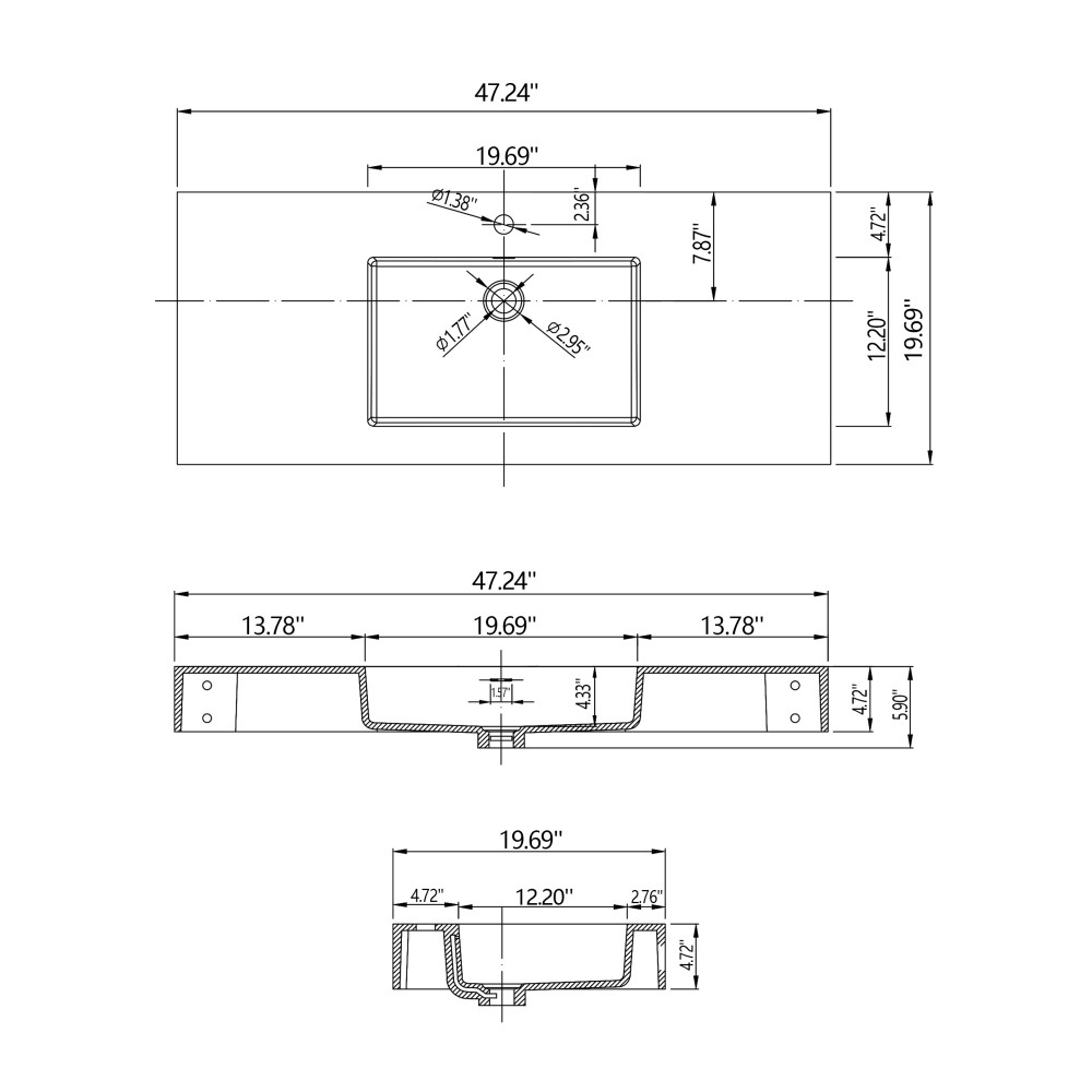 47.2”Wall-Mount Stone Resin Bathroom Sink Rectangular Vessel Sinks for Bathroom