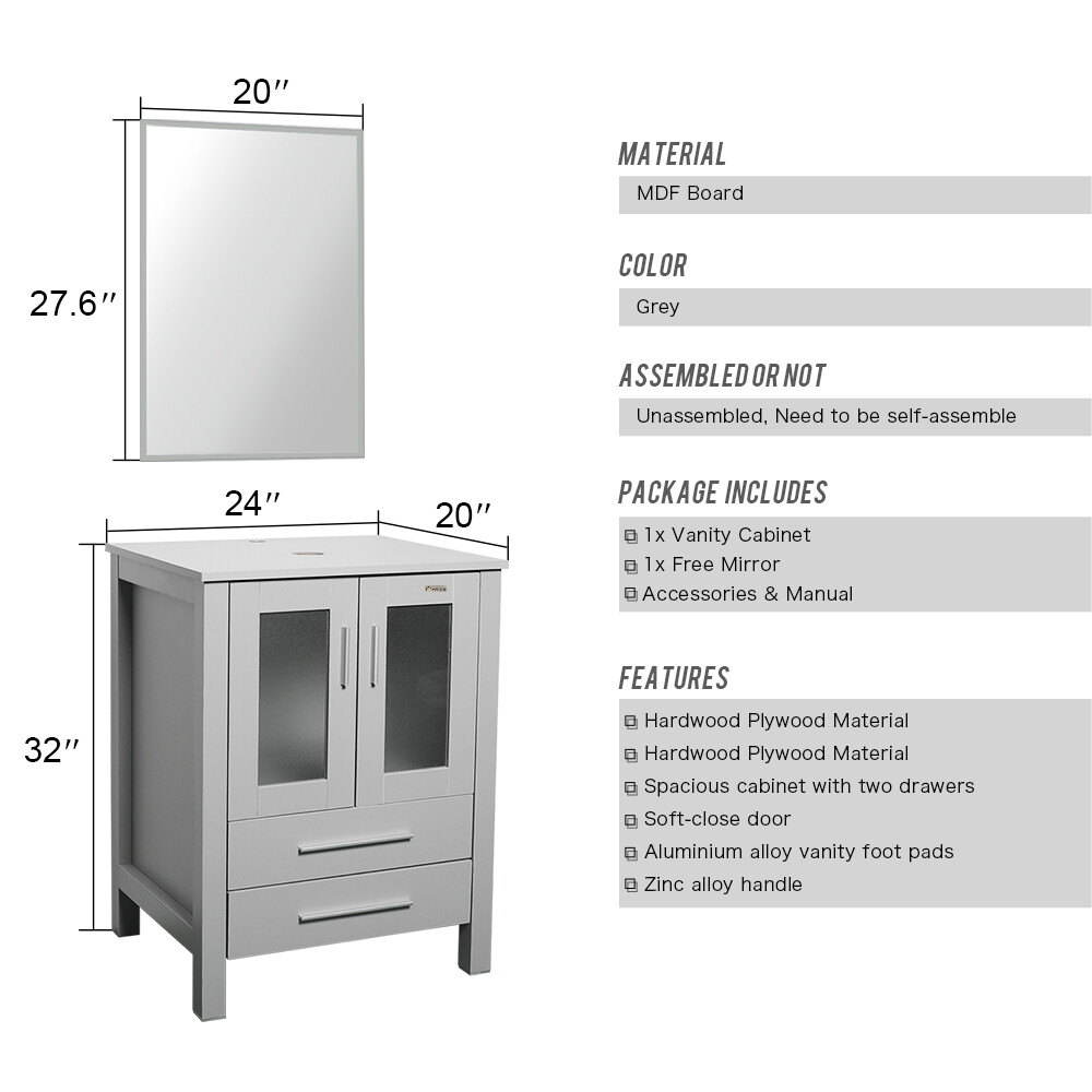 72″ Bathroom Vanity Set Gray Ceramic Double Vessel Sink Faucet Mirror Combo