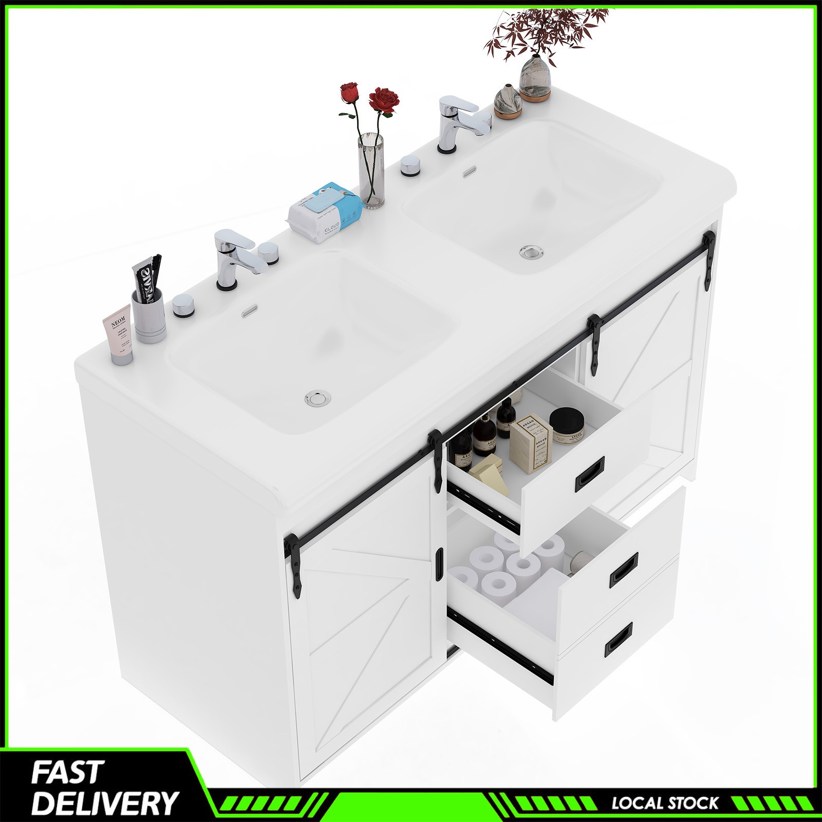 47” Bathroom Vanity &Double Sink Ceramic Basin Modern Storage Cabinet 3 Drawers