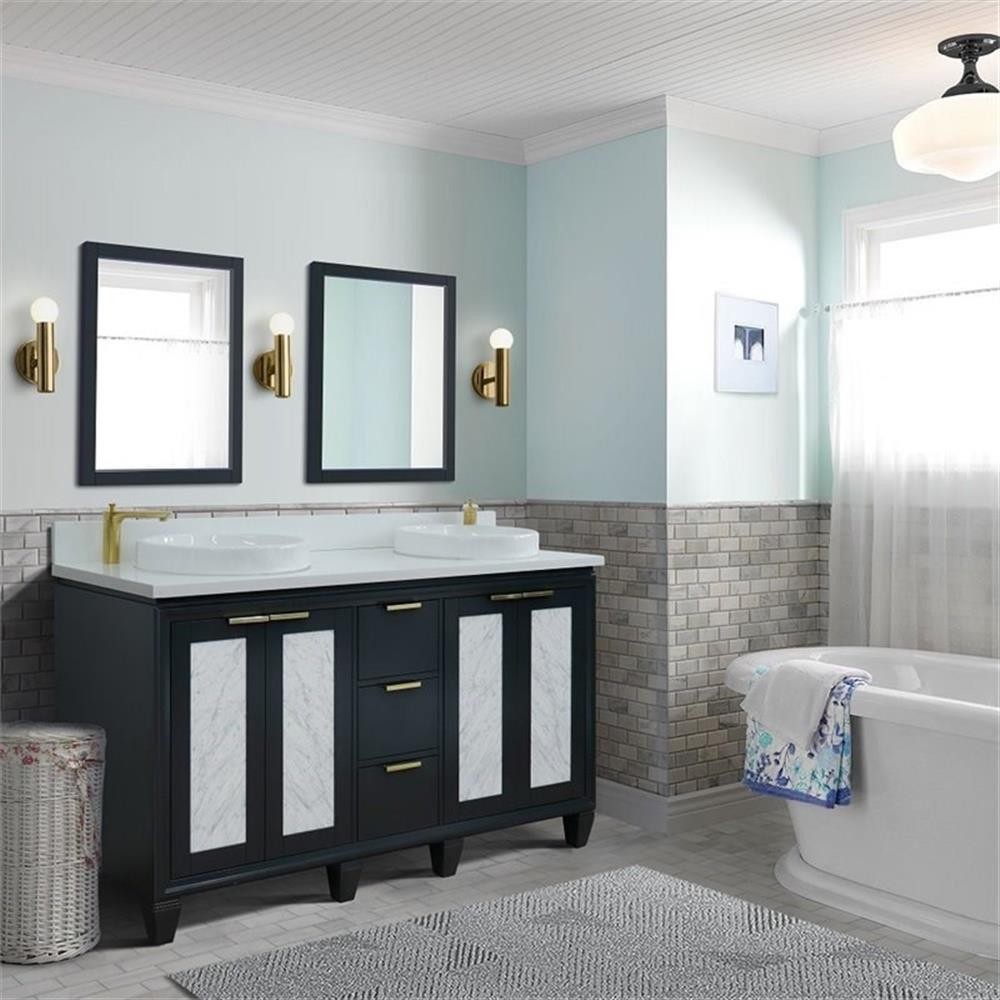 Pemberly Row 61″ Double Round Sink Vanity in Dark Gray/White Quartz Stone