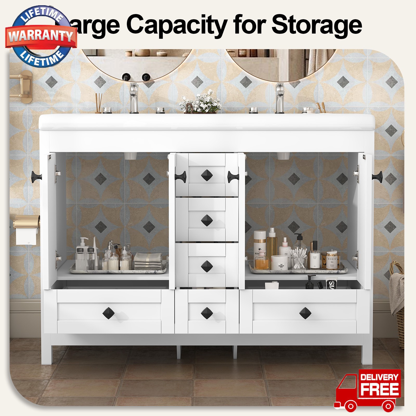 46″ Bathroom Vanity with Ceramic Sink Freestanding Storage Cabinet w/ 5 Drawers