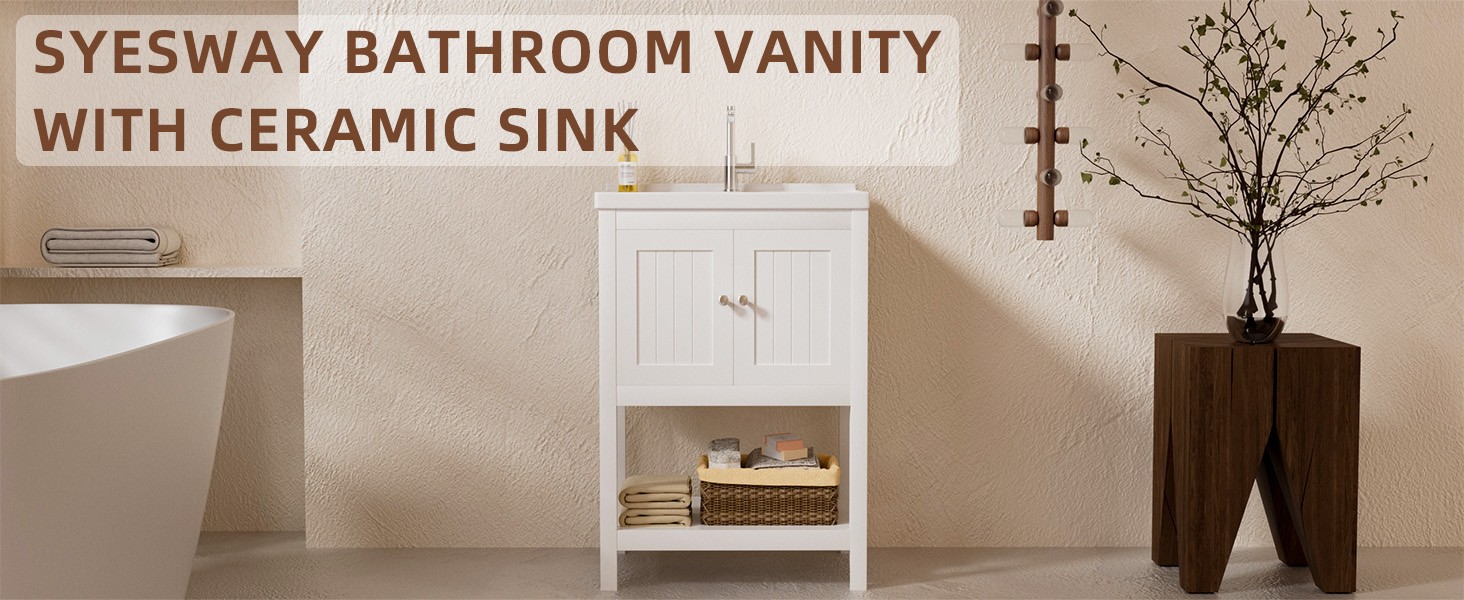 24 Inch Bathroom Vanity with Sink, Bathroom Sink Cabinet with 2 Doors and 1 Open