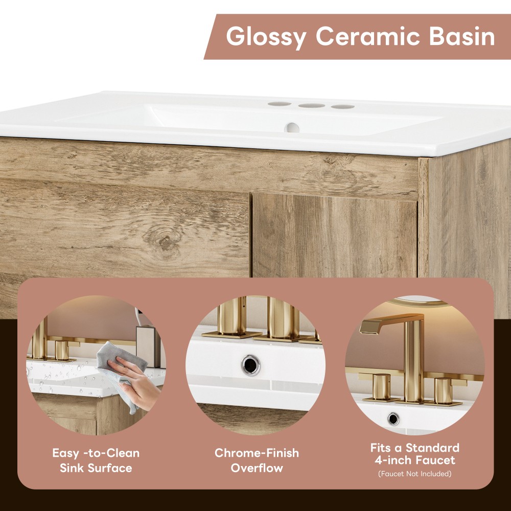 Wooden Bathroom Cabinet Sliding Drawers Ceramic Basin Countertop Open Shelving