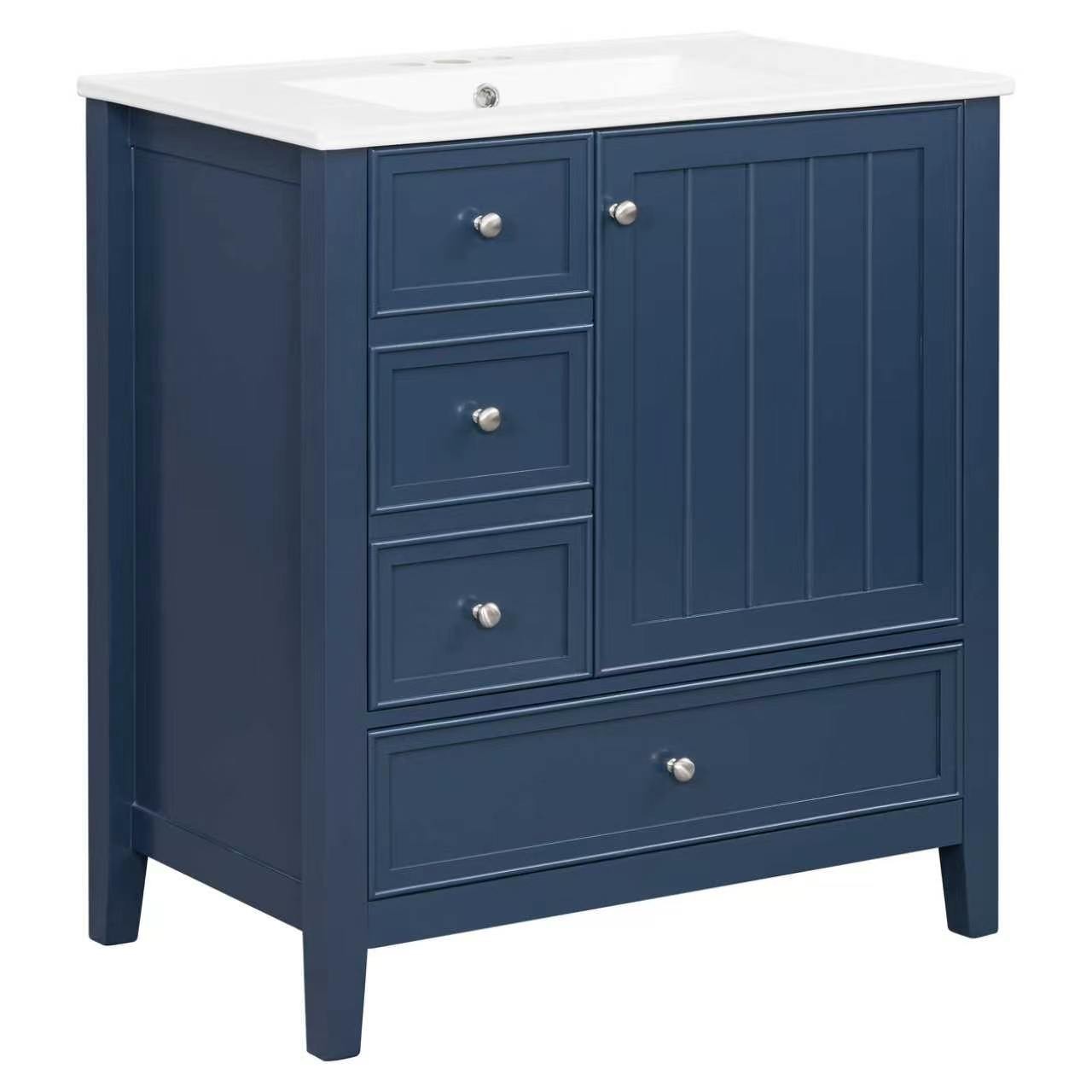 30″ Blue Bathroom Vanity with Sink, 1 Cabinet & 3 Drawers, Solid Wood & MDF
