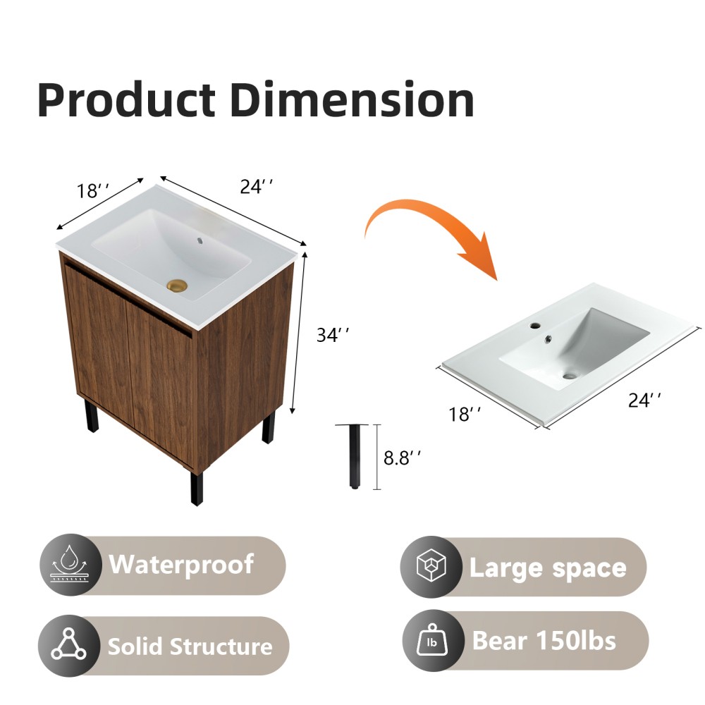 24″ Floor-Standing Bathroom Vanity – White Sink Soft-Closing Drawers Oak Finish