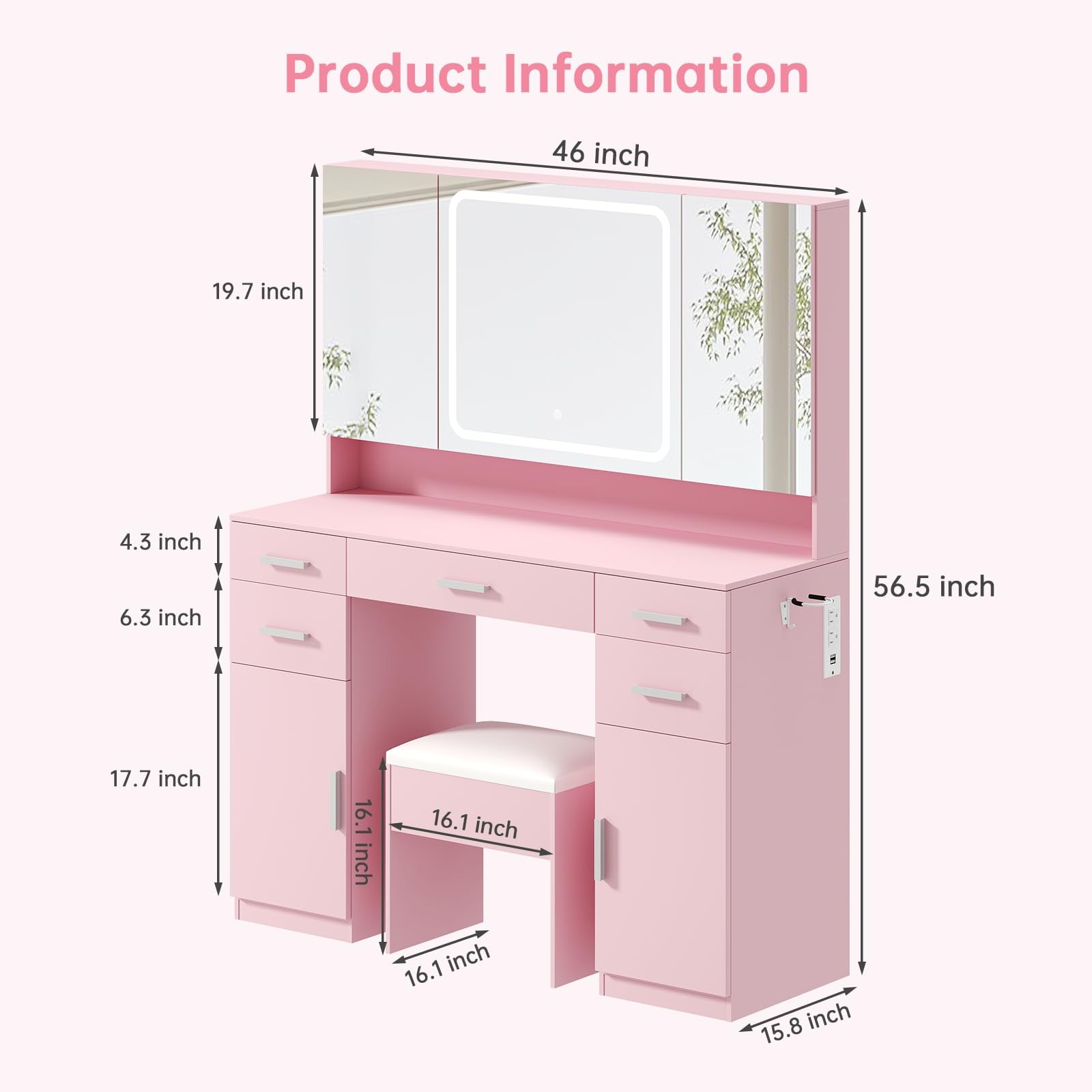 Pink Vanity Desk with Tri-Folding Mirror and Lights 7 Drawers Stool Power Outlet