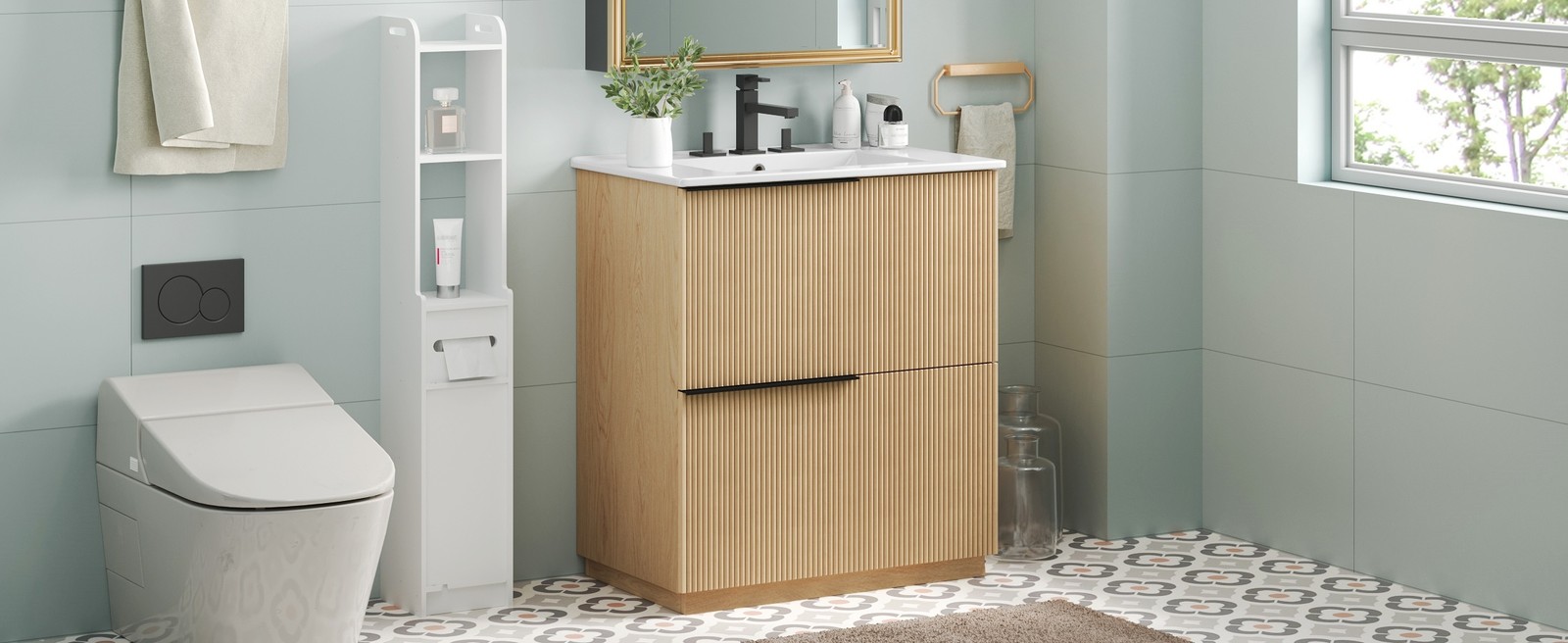 30″ Bathroom Vanity with Ceramic Sink, Soft Close Drawers, Fluted Design